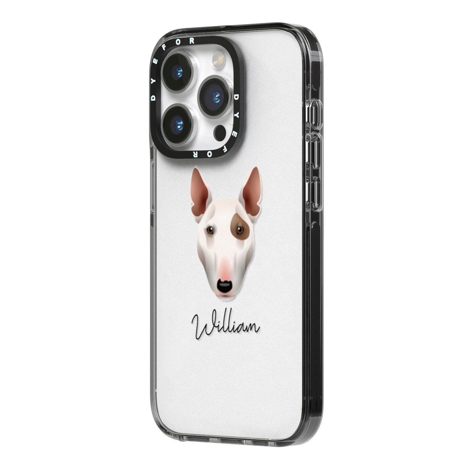 Miniature Bull Terrier Personalised iPhone 14 Pro Black Impact Case Side Angle on Silver phone