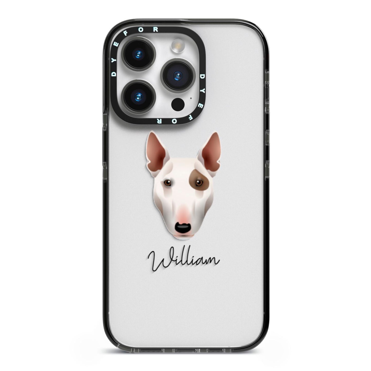 Miniature Bull Terrier Personalised iPhone 14 Pro Black Impact Case on Silver phone