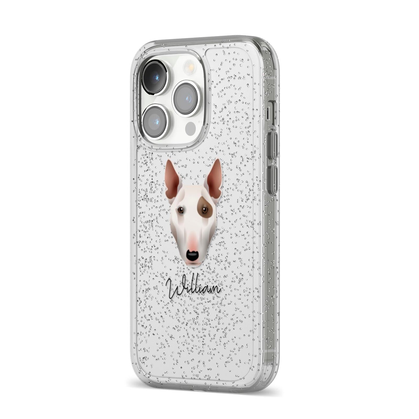 Miniature Bull Terrier Personalised iPhone 14 Pro Glitter Tough Case Silver Angled Image