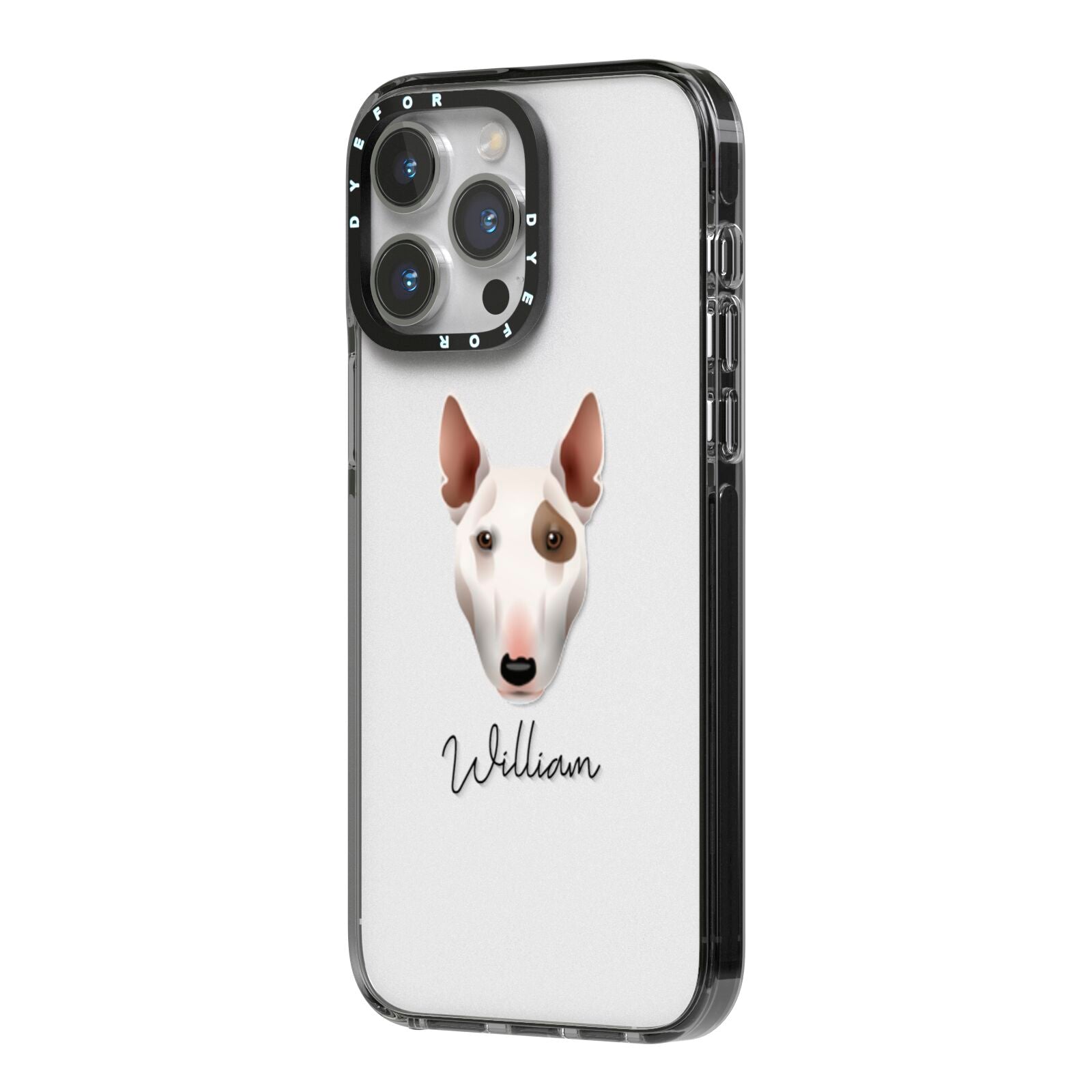 Miniature Bull Terrier Personalised iPhone 14 Pro Max Black Impact Case Side Angle on Silver phone