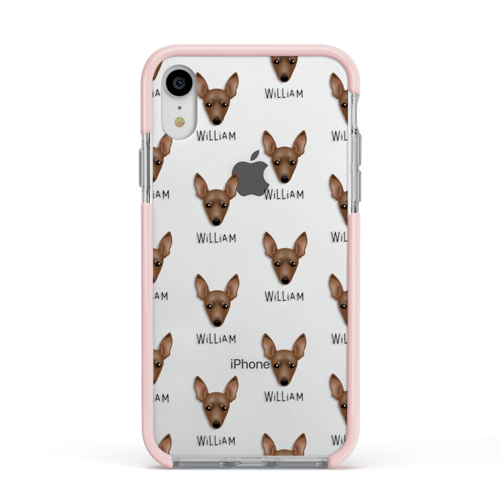 Miniature Pinscher Icon with Name Apple iPhone XR Impact Case Pink Edge on Silver Phone