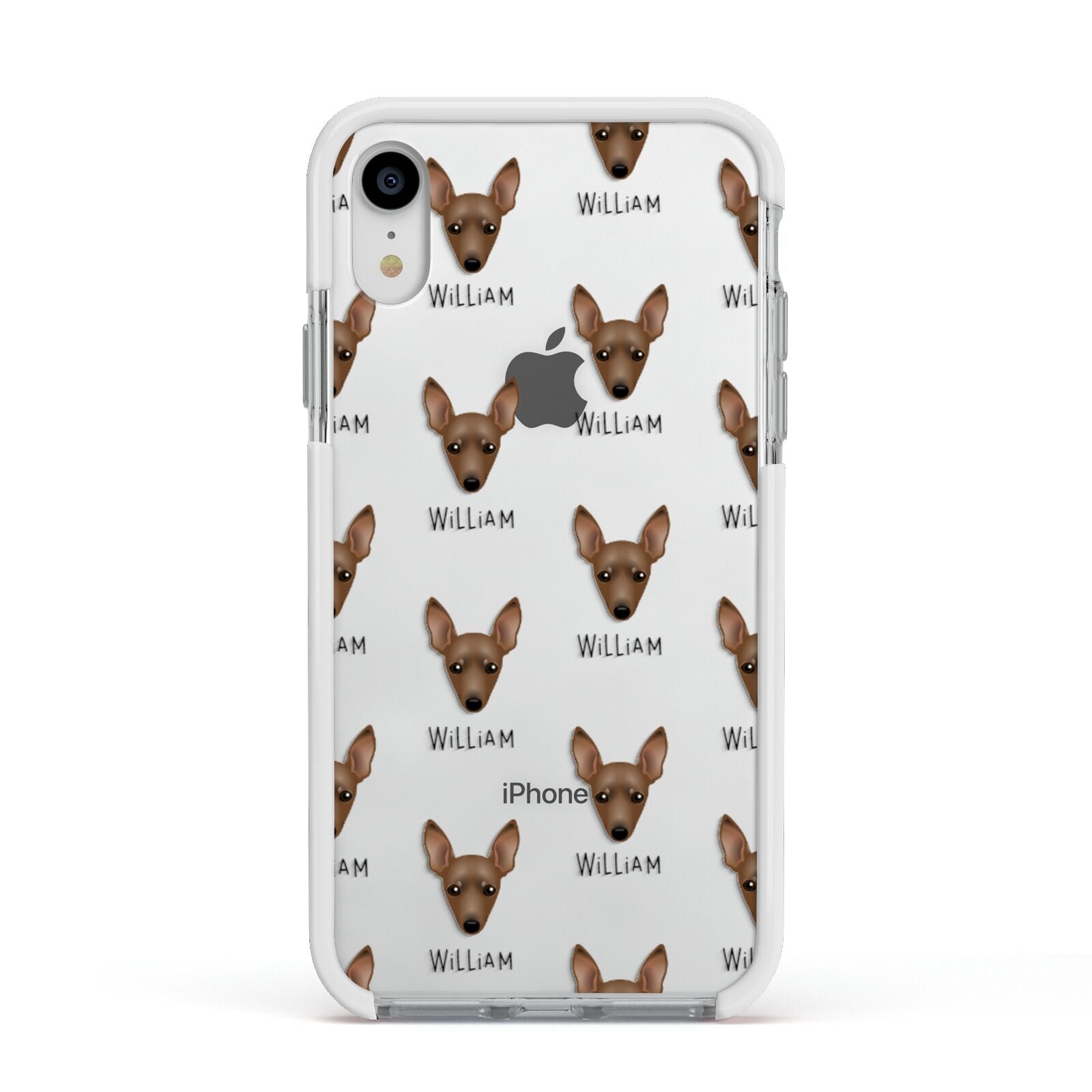 Miniature Pinscher Icon with Name Apple iPhone XR Impact Case White Edge on Silver Phone