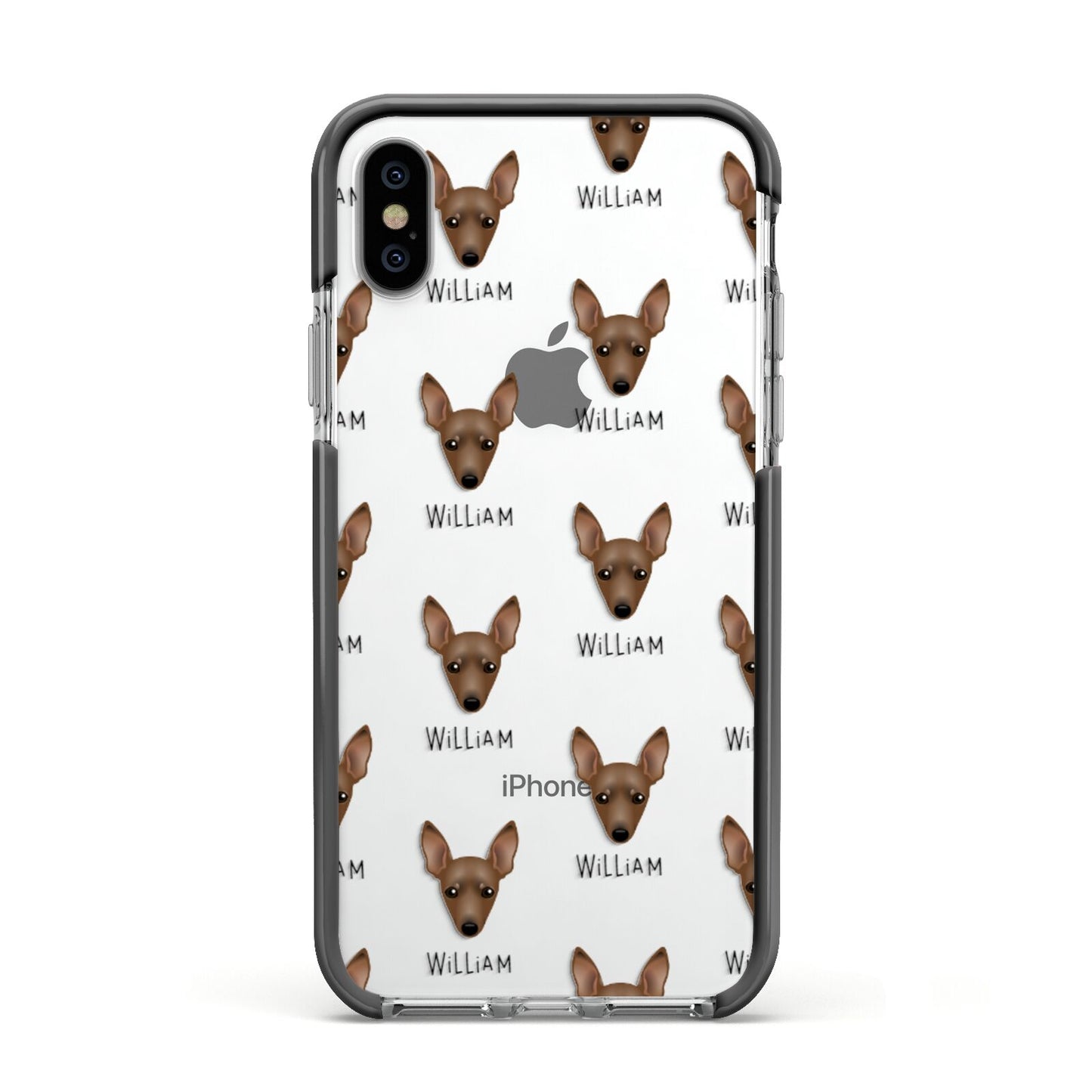 Miniature Pinscher Icon with Name Apple iPhone Xs Impact Case Black Edge on Silver Phone