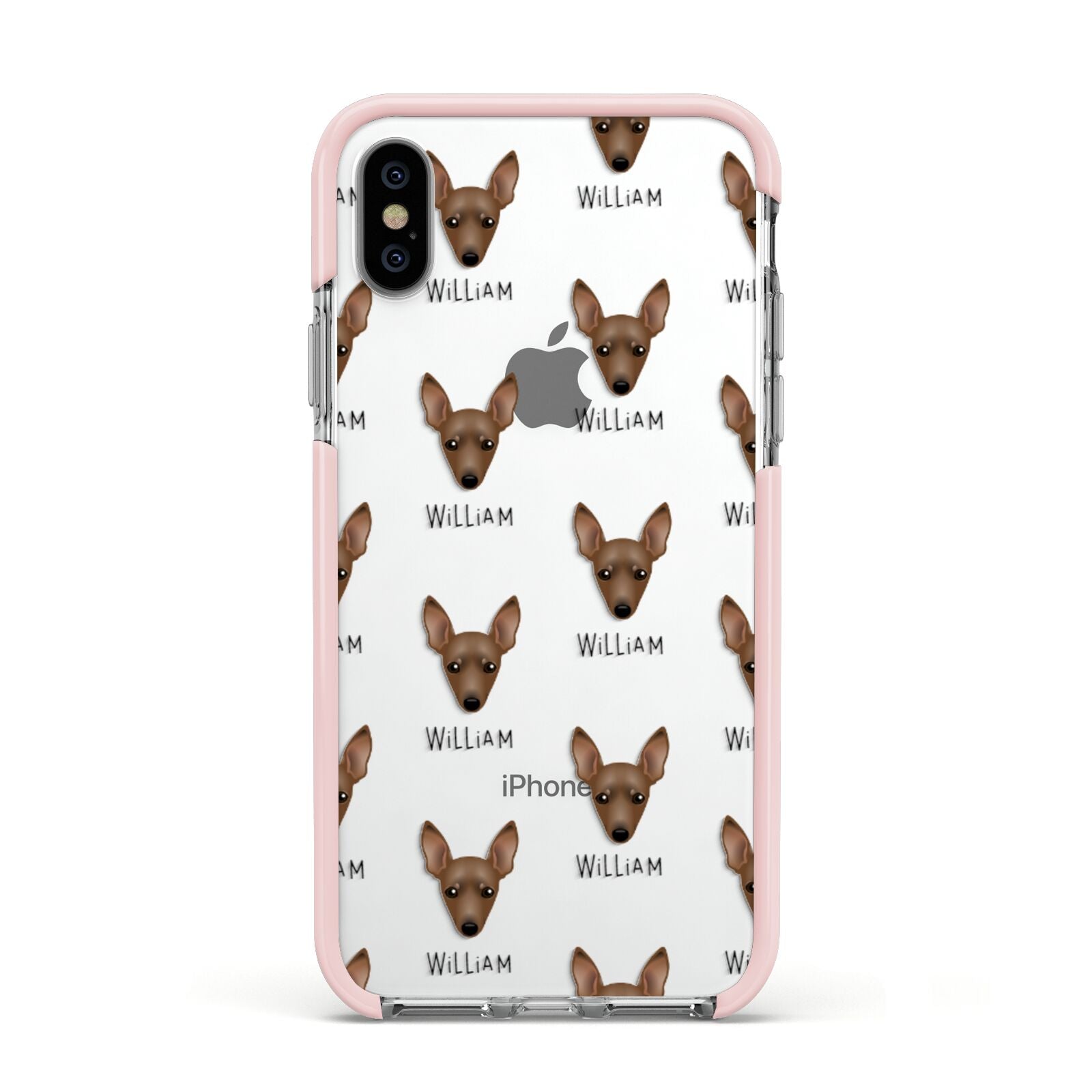 Miniature Pinscher Icon with Name Apple iPhone Xs Impact Case Pink Edge on Silver Phone