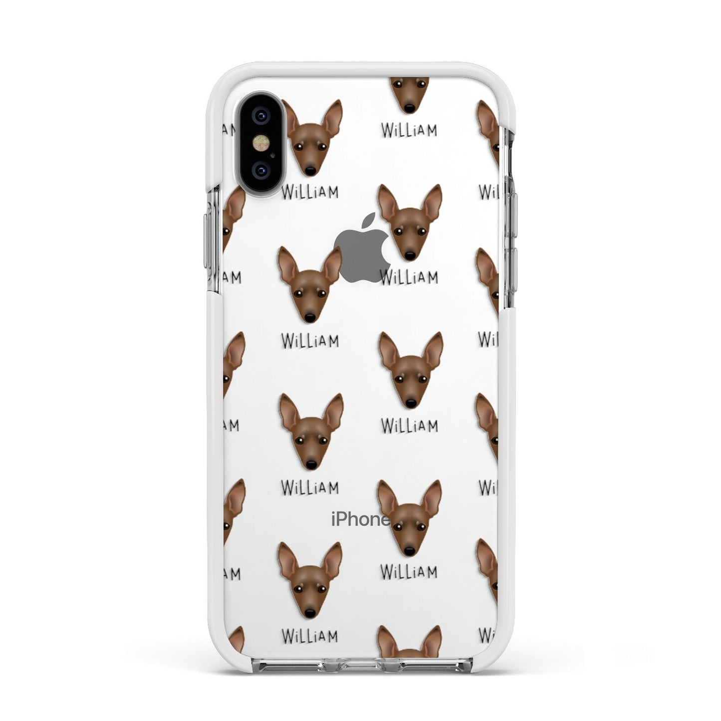 Miniature Pinscher Icon with Name Apple iPhone Xs Impact Case White Edge on Silver Phone