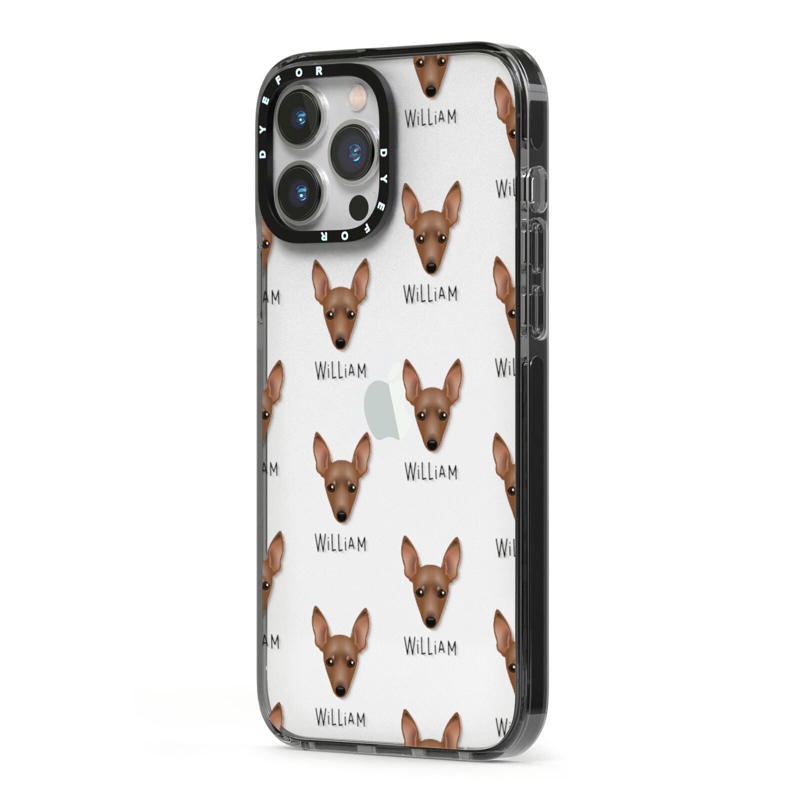 Miniature Pinscher Icon with Name iPhone 13 Pro Max Black Impact Case Side Angle on Silver phone