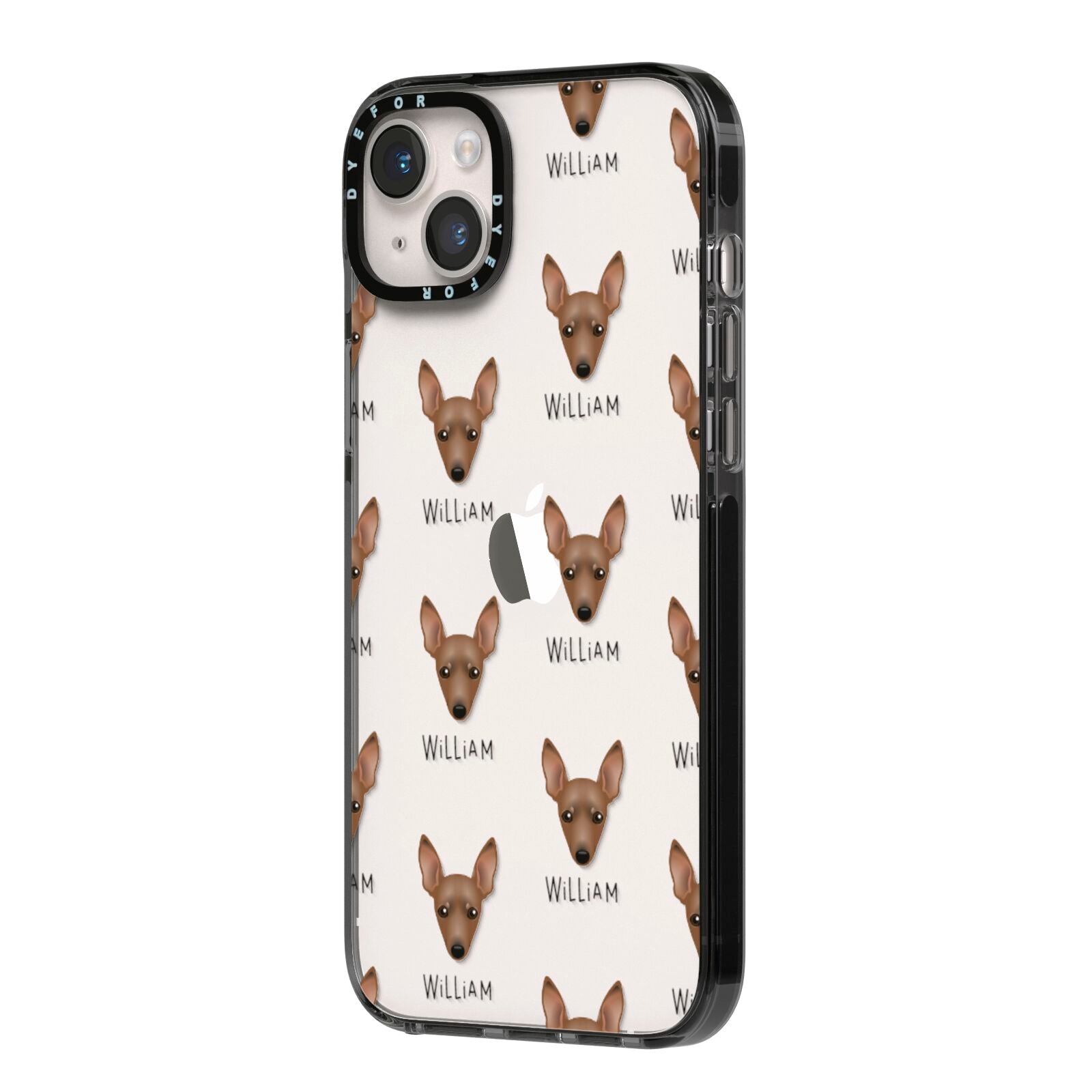 Miniature Pinscher Icon with Name iPhone 14 Plus Black Impact Case Side Angle on Silver phone