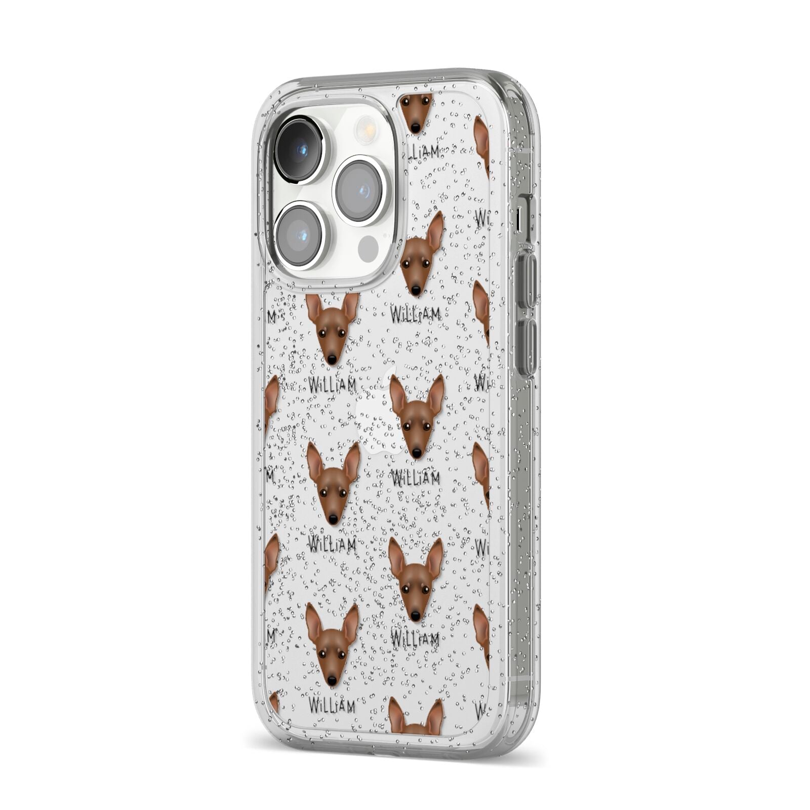 Miniature Pinscher Icon with Name iPhone 14 Pro Glitter Tough Case Silver Angled Image