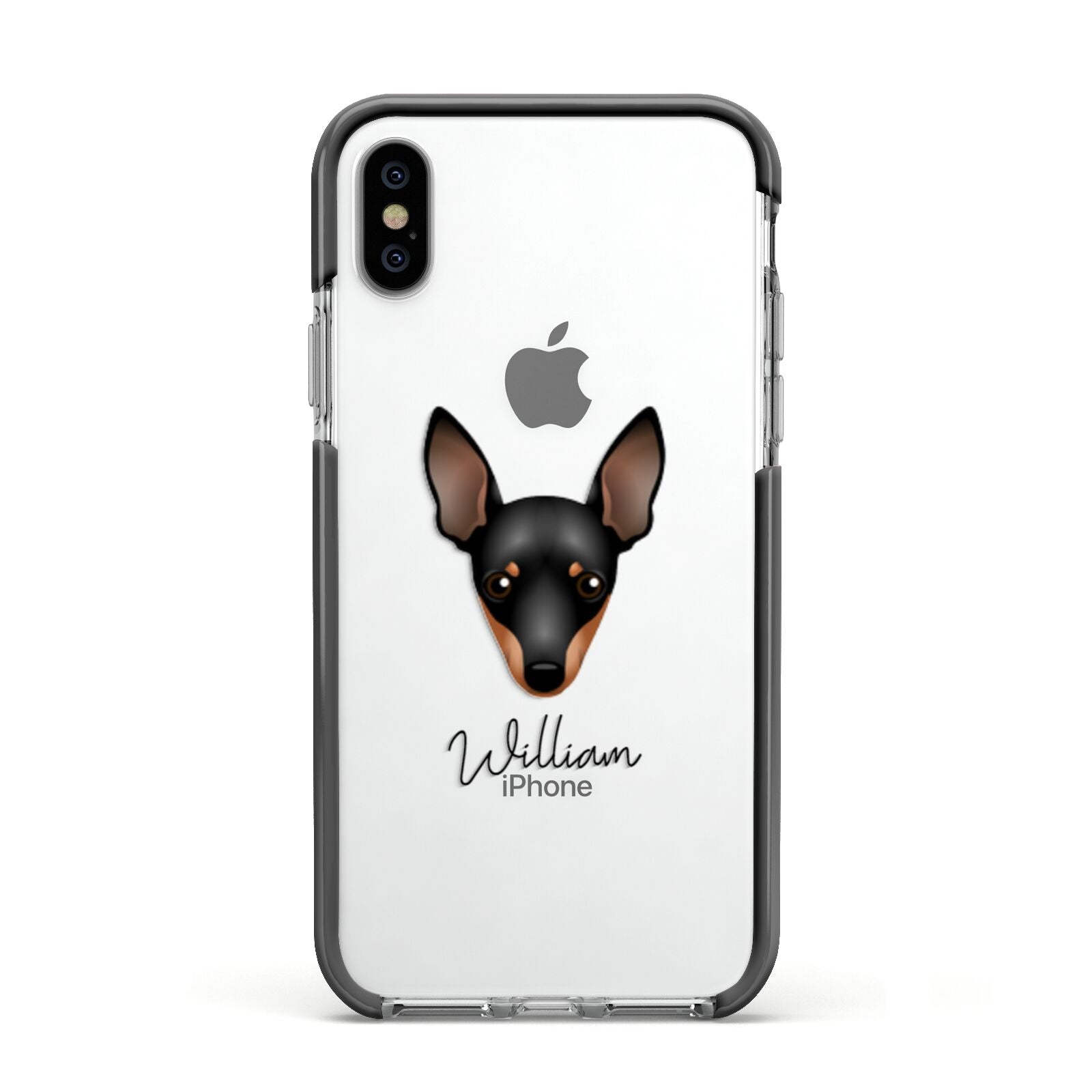 Miniature Pinscher Personalised Apple iPhone Xs Impact Case Black Edge on Silver Phone