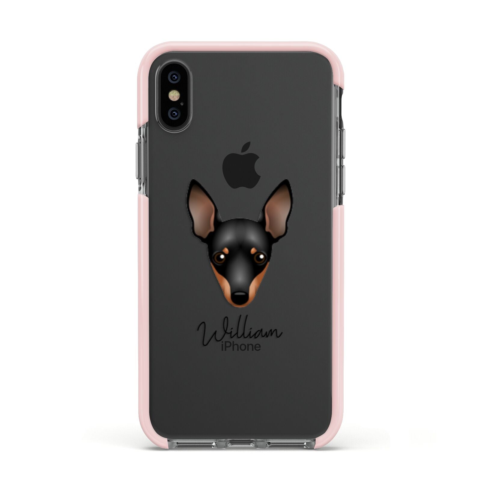 Miniature Pinscher Personalised Apple iPhone Xs Impact Case Pink Edge on Black Phone