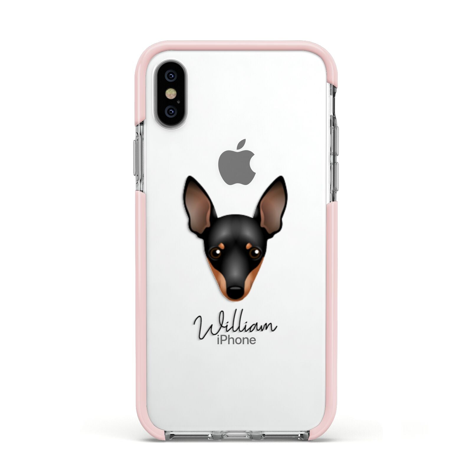 Miniature Pinscher Personalised Apple iPhone Xs Impact Case Pink Edge on Silver Phone