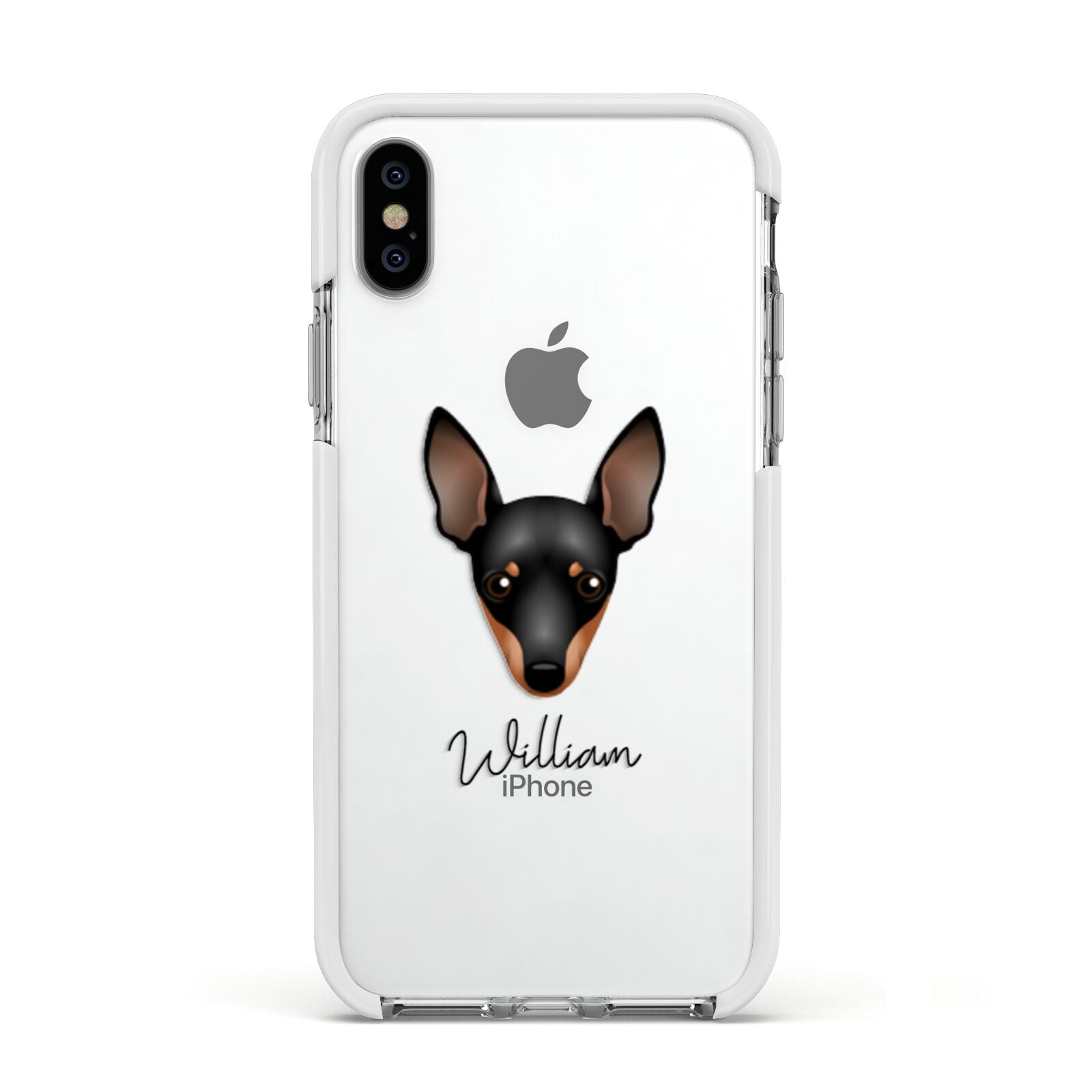 Miniature Pinscher Personalised Apple iPhone Xs Impact Case White Edge on Silver Phone