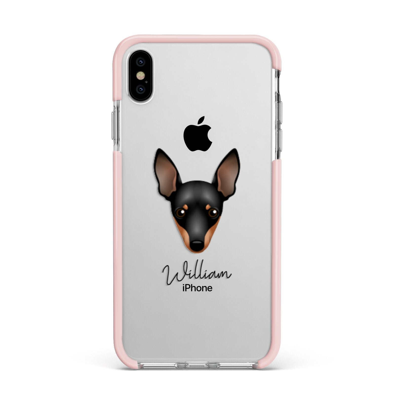 Miniature Pinscher Personalised Apple iPhone Xs Max Impact Case Pink Edge on Silver Phone