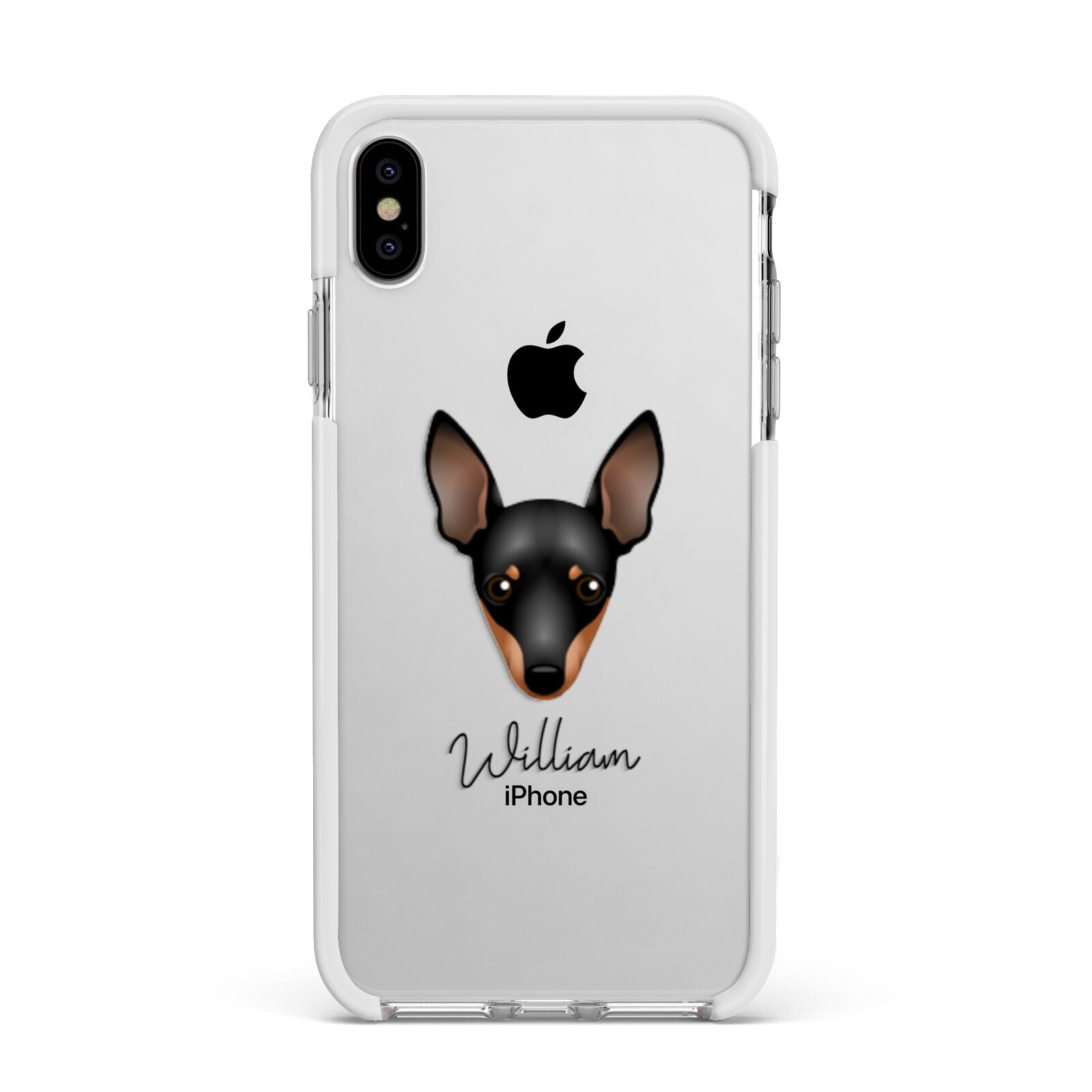 Miniature Pinscher Personalised Apple iPhone Xs Max Impact Case White Edge on Silver Phone