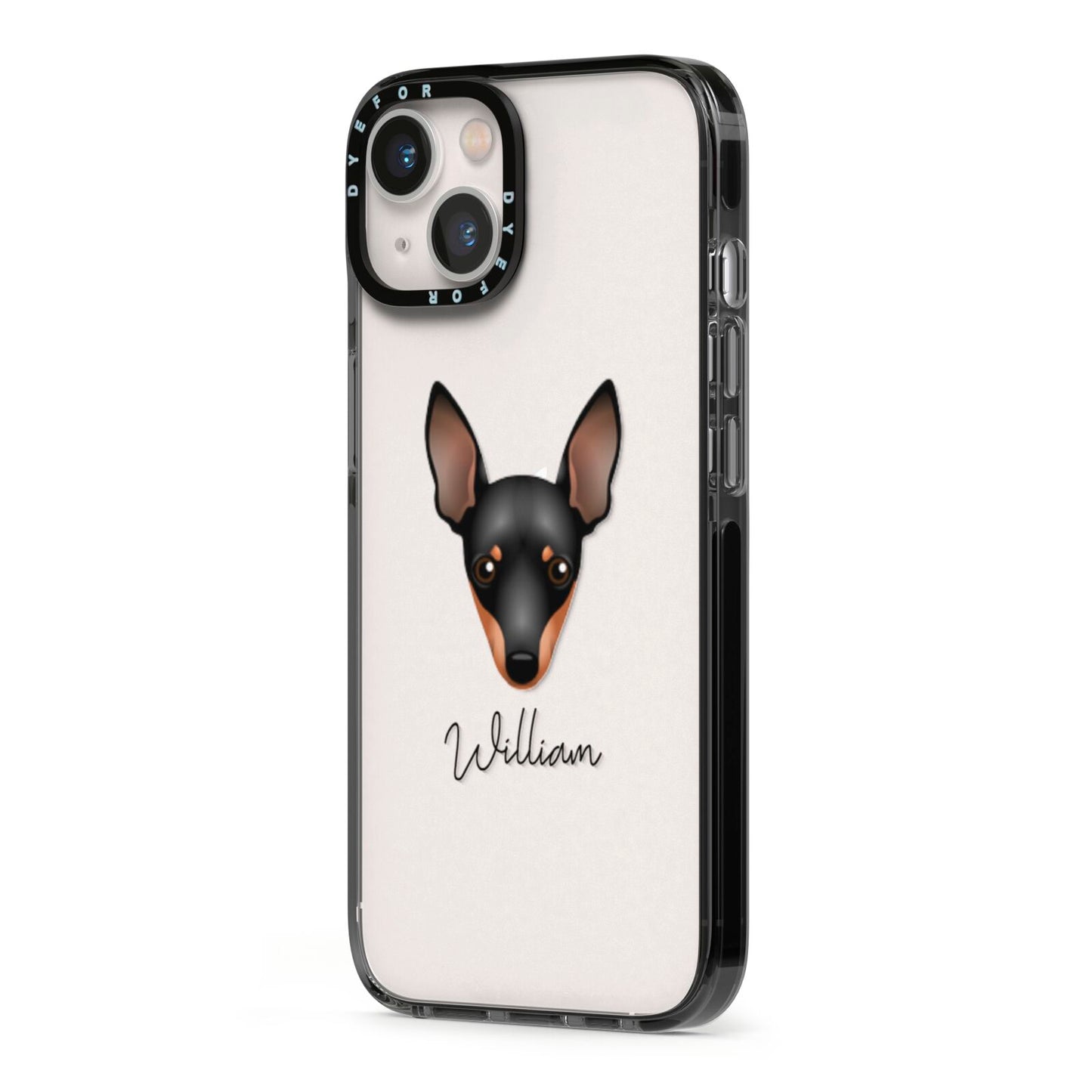 Miniature Pinscher Personalised iPhone 13 Black Impact Case Side Angle on Silver phone