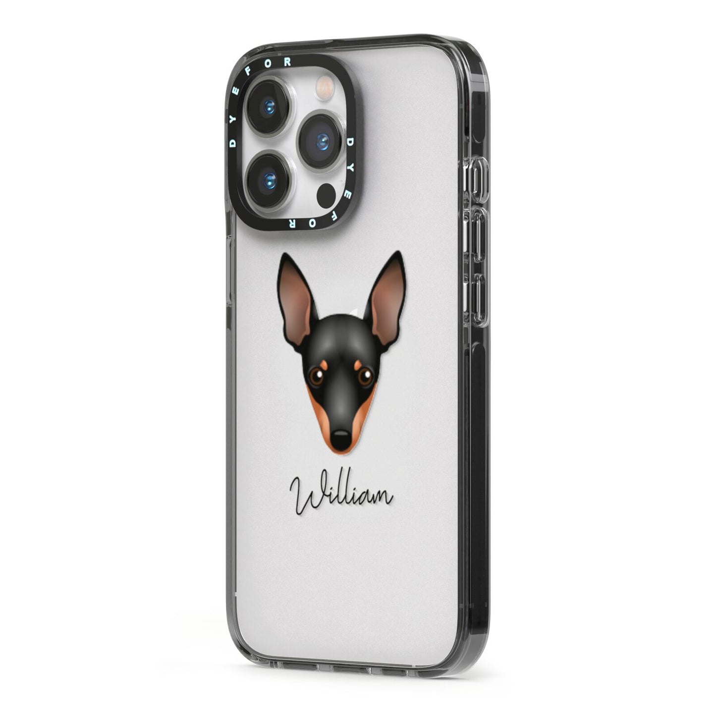 Miniature Pinscher Personalised iPhone 13 Pro Black Impact Case Side Angle on Silver phone