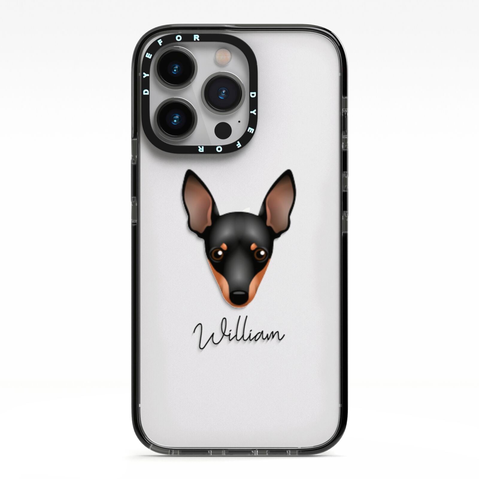 Miniature Pinscher Personalised iPhone 13 Pro Black Impact Case on Silver phone