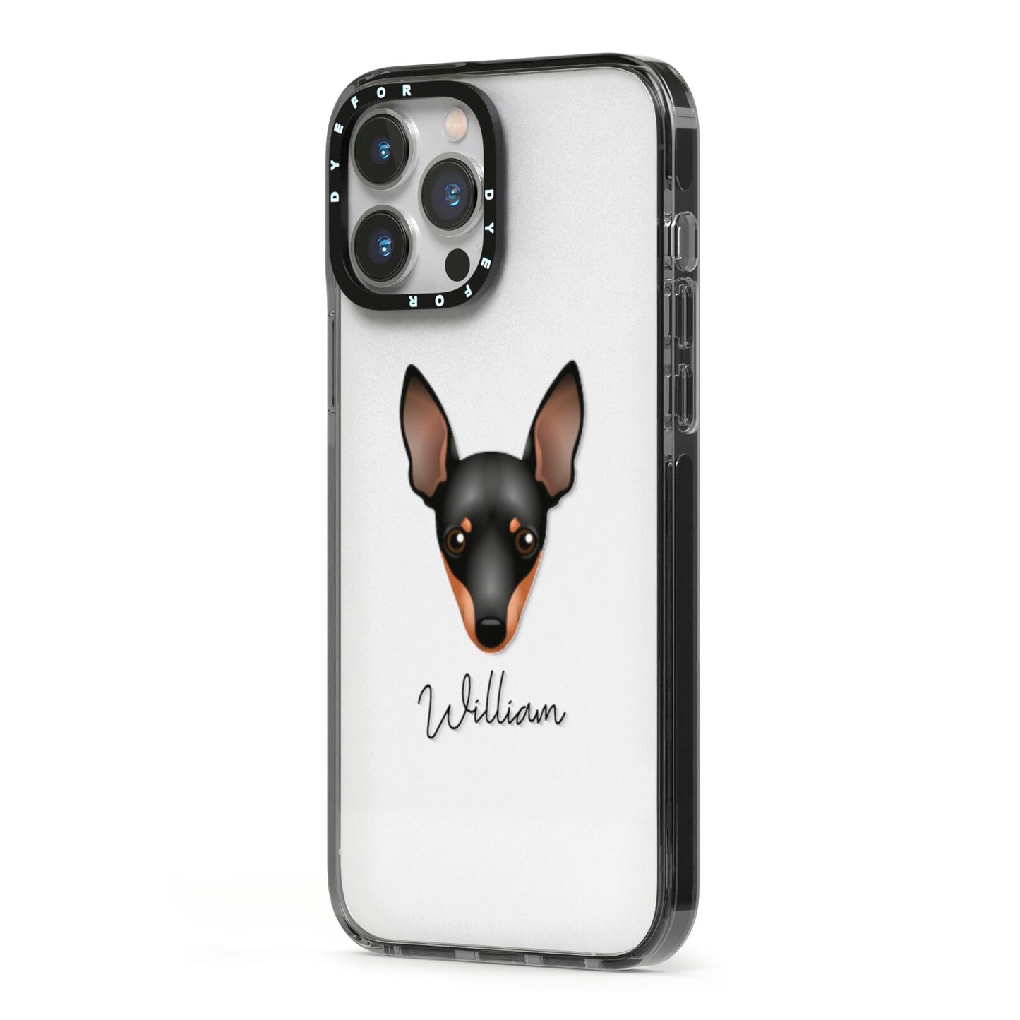 Miniature Pinscher Personalised iPhone 13 Pro Max Black Impact Case Side Angle on Silver phone