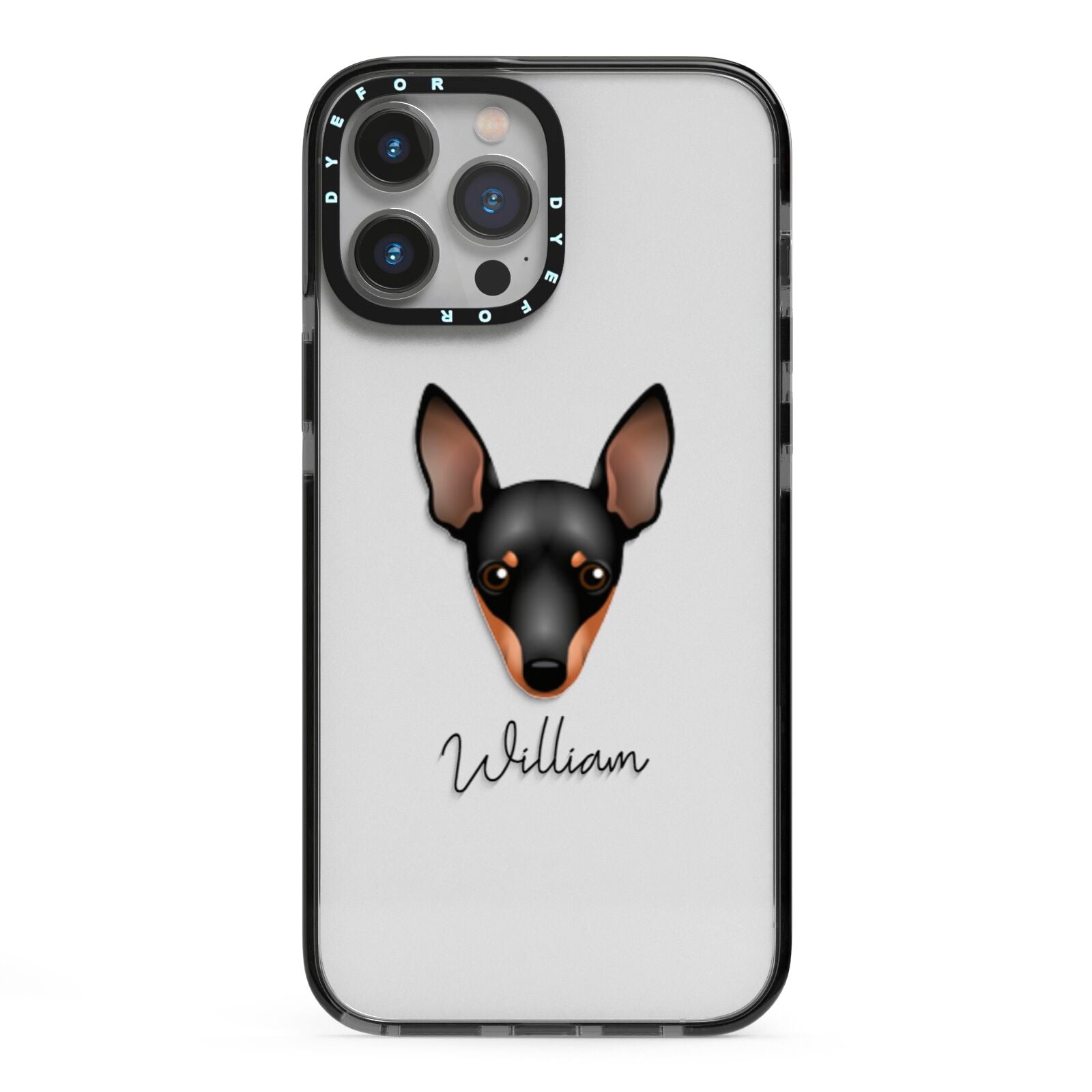Miniature Pinscher Personalised iPhone 13 Pro Max Black Impact Case on Silver phone