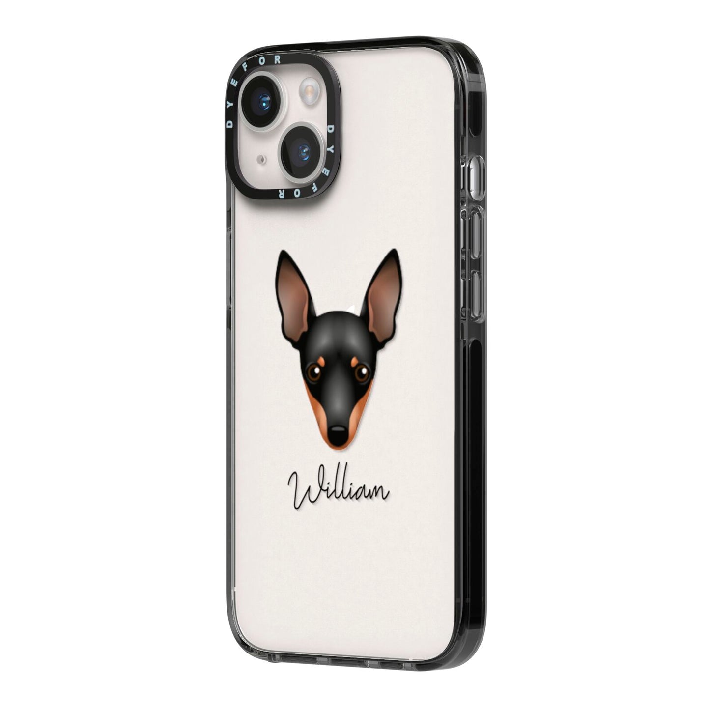 Miniature Pinscher Personalised iPhone 14 Black Impact Case Side Angle on Silver phone