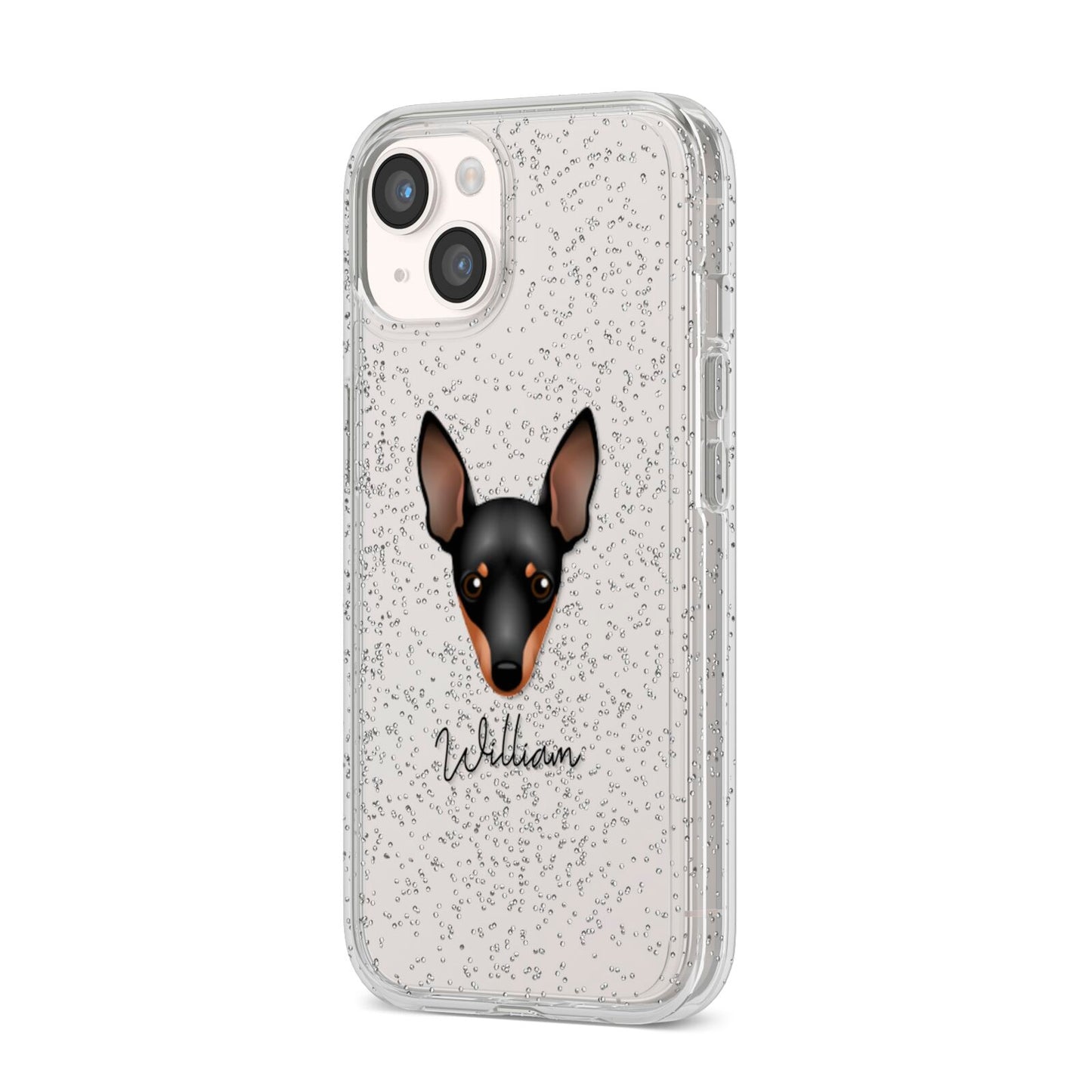 Miniature Pinscher Personalised iPhone 14 Glitter Tough Case Starlight Angled Image
