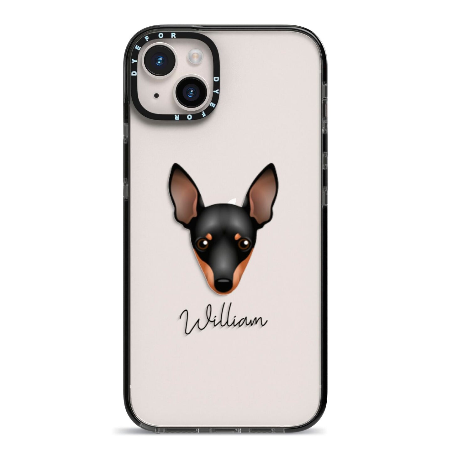 Miniature Pinscher Personalised iPhone 14 Plus Black Impact Case on Silver phone
