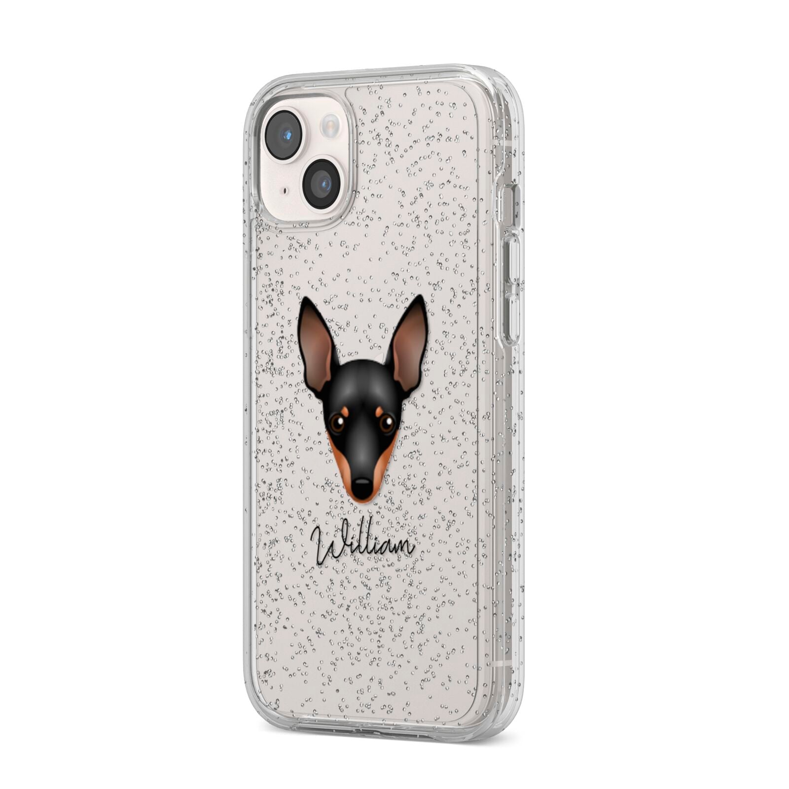 Miniature Pinscher Personalised iPhone 14 Plus Glitter Tough Case Starlight Angled Image