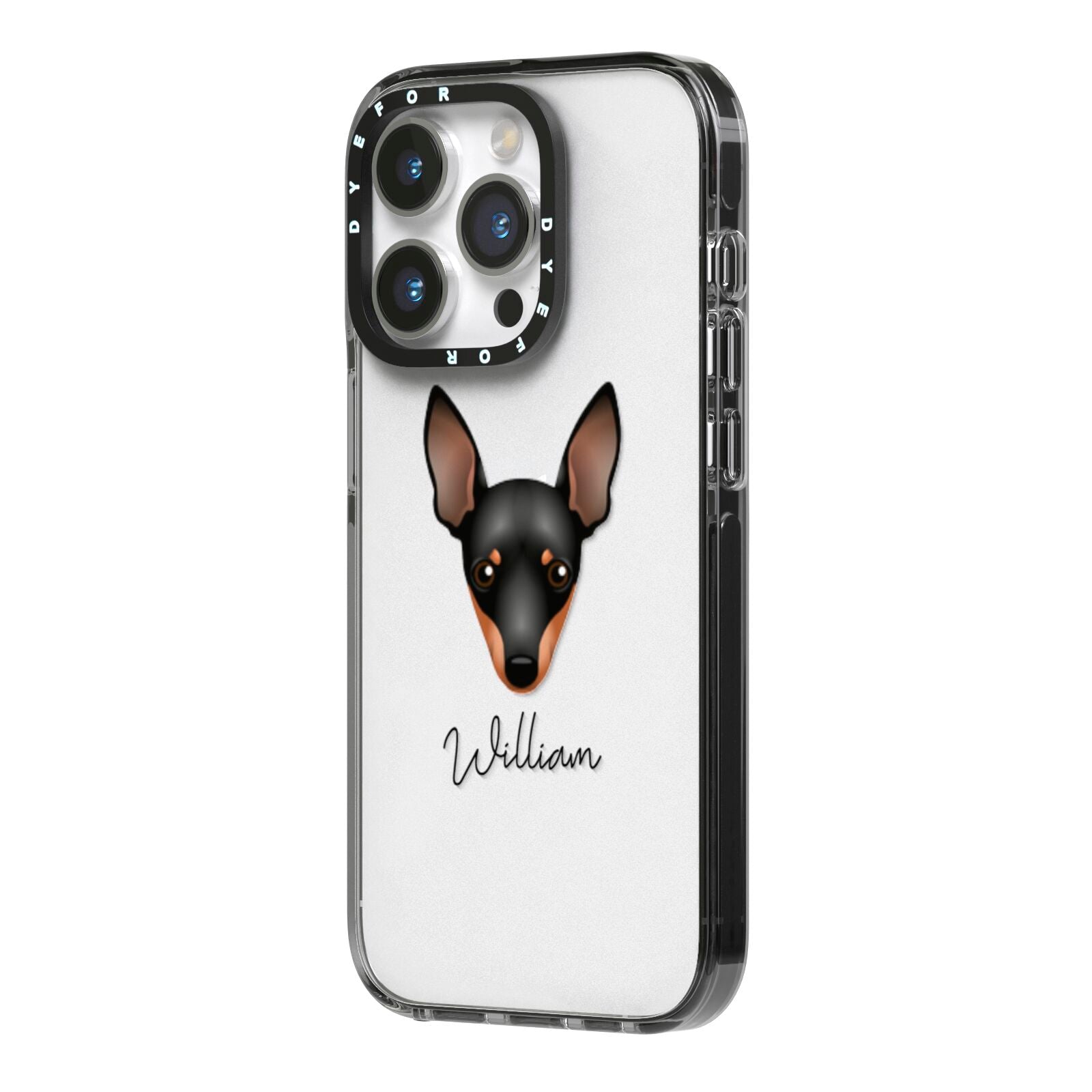 Miniature Pinscher Personalised iPhone 14 Pro Black Impact Case Side Angle on Silver phone