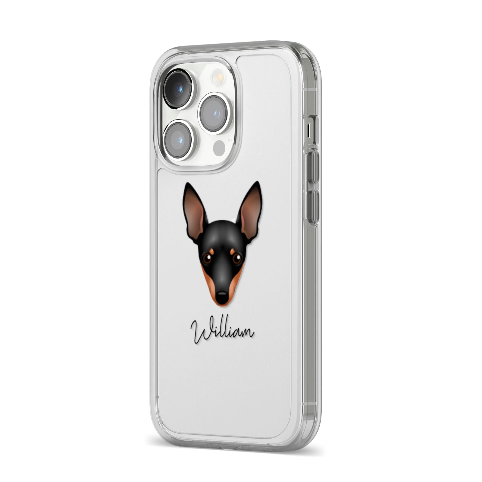 Miniature Pinscher Personalised iPhone 14 Pro Clear Tough Case Silver Angled Image