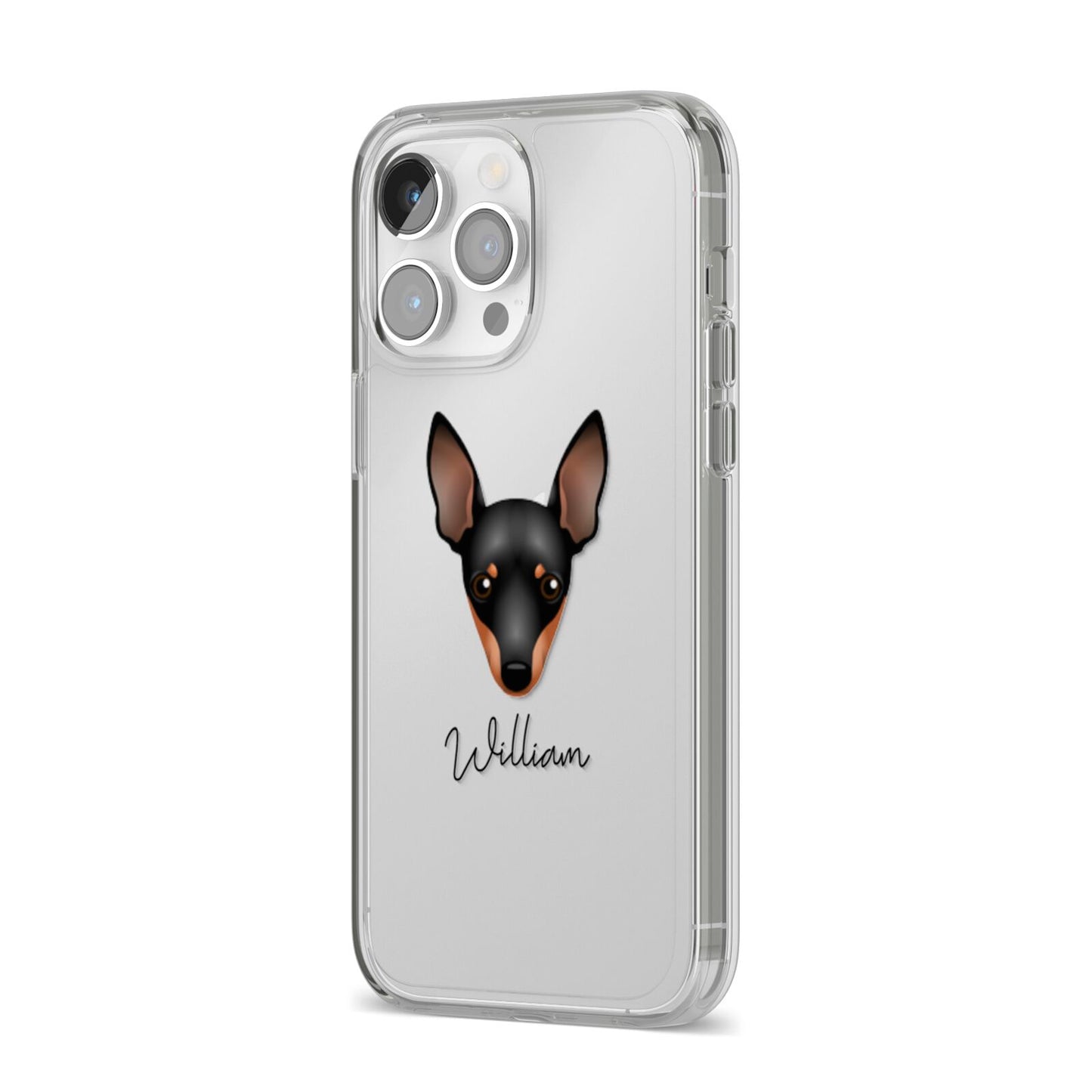 Miniature Pinscher Personalised iPhone 14 Pro Max Clear Tough Case Silver Angled Image