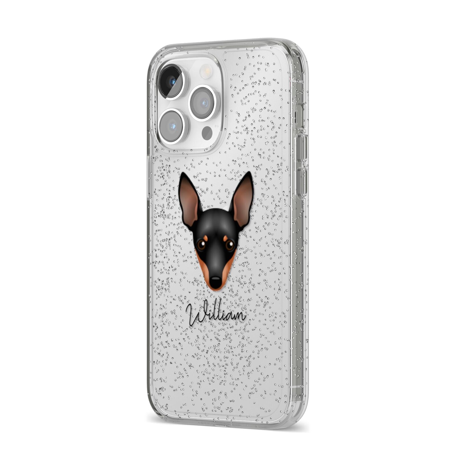 Miniature Pinscher Personalised iPhone 14 Pro Max Glitter Tough Case Silver Angled Image