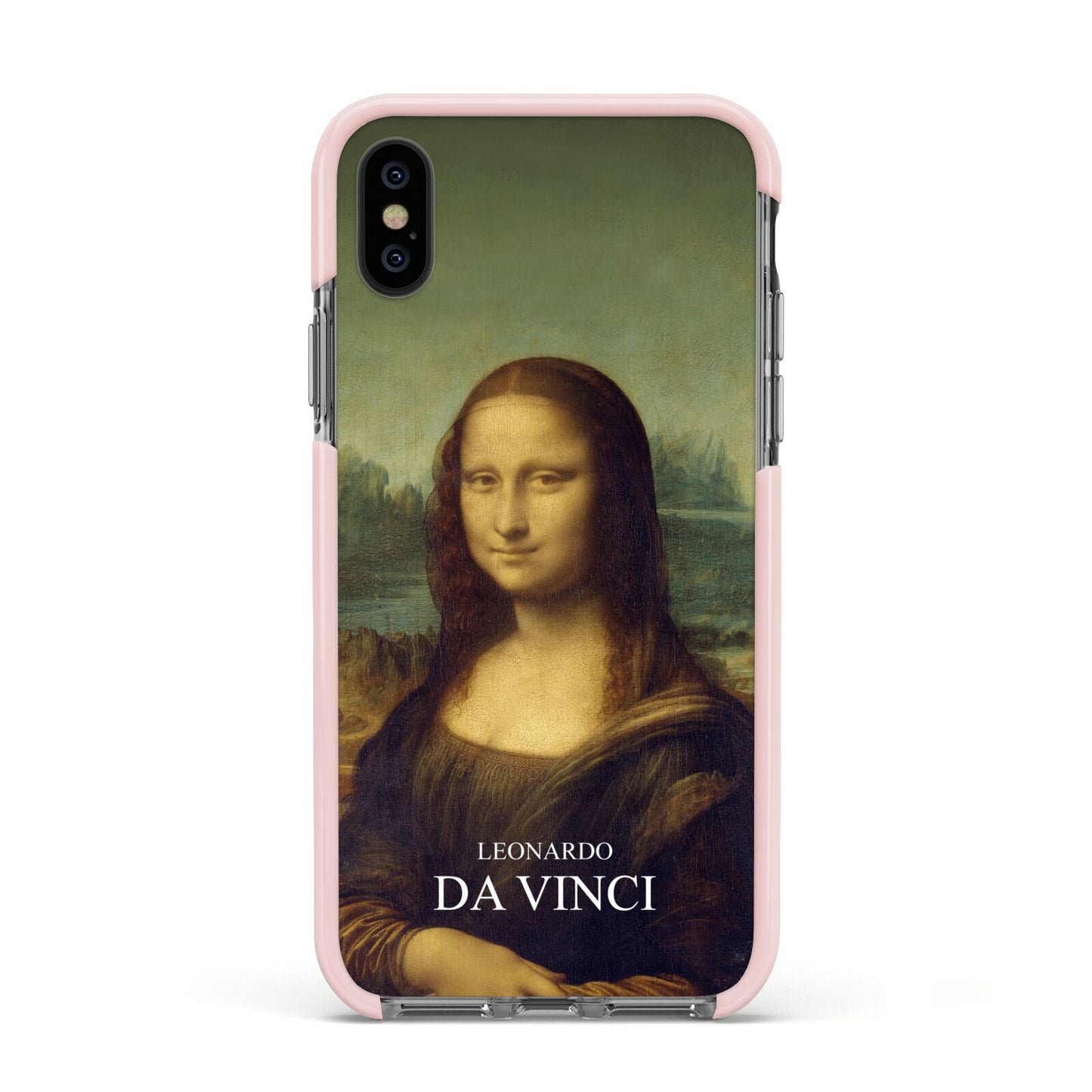 Mona Lisa By Da Vinci Apple iPhone Xs Impact Case Pink Edge on Black Phone