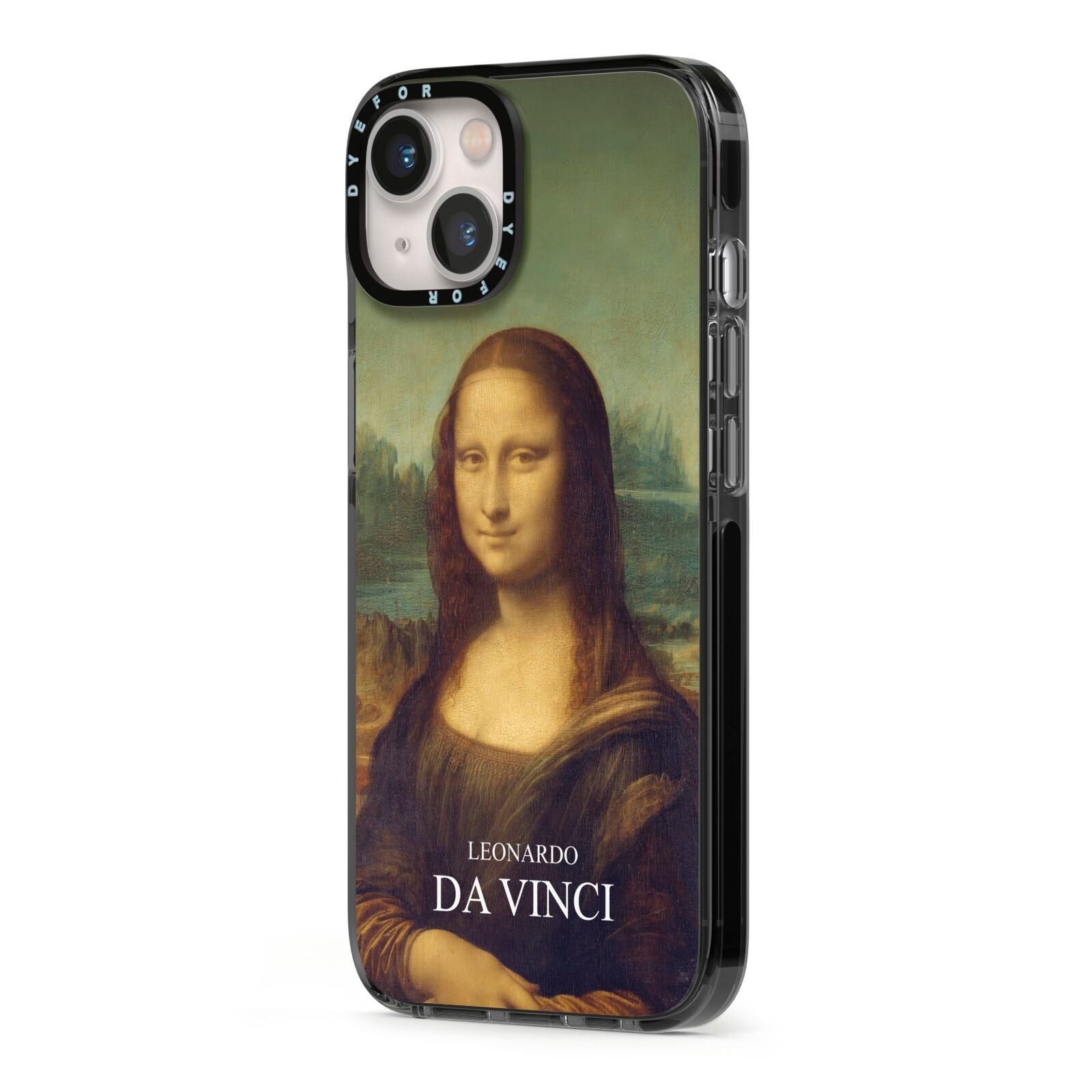 Mona Lisa By Da Vinci iPhone 13 Black Impact Case Side Angle on Silver phone