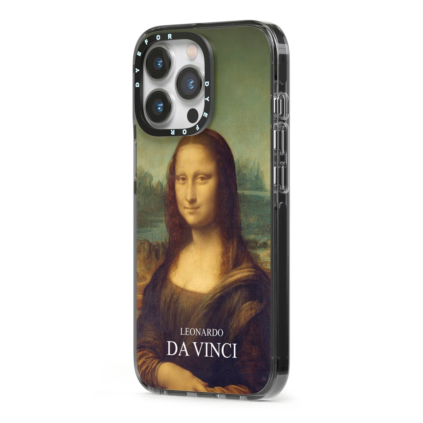 Mona Lisa By Da Vinci iPhone 13 Pro Black Impact Case Side Angle on Silver phone