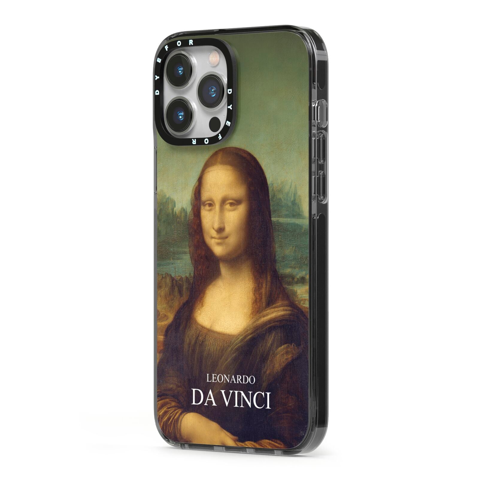 Mona Lisa By Da Vinci iPhone 13 Pro Max Black Impact Case Side Angle on Silver phone