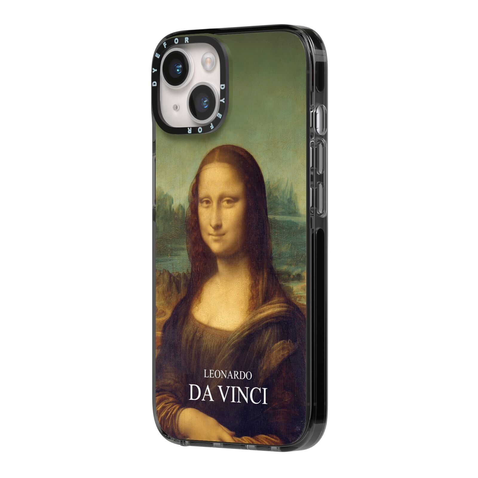 Mona Lisa By Da Vinci iPhone 14 Black Impact Case Side Angle on Silver phone