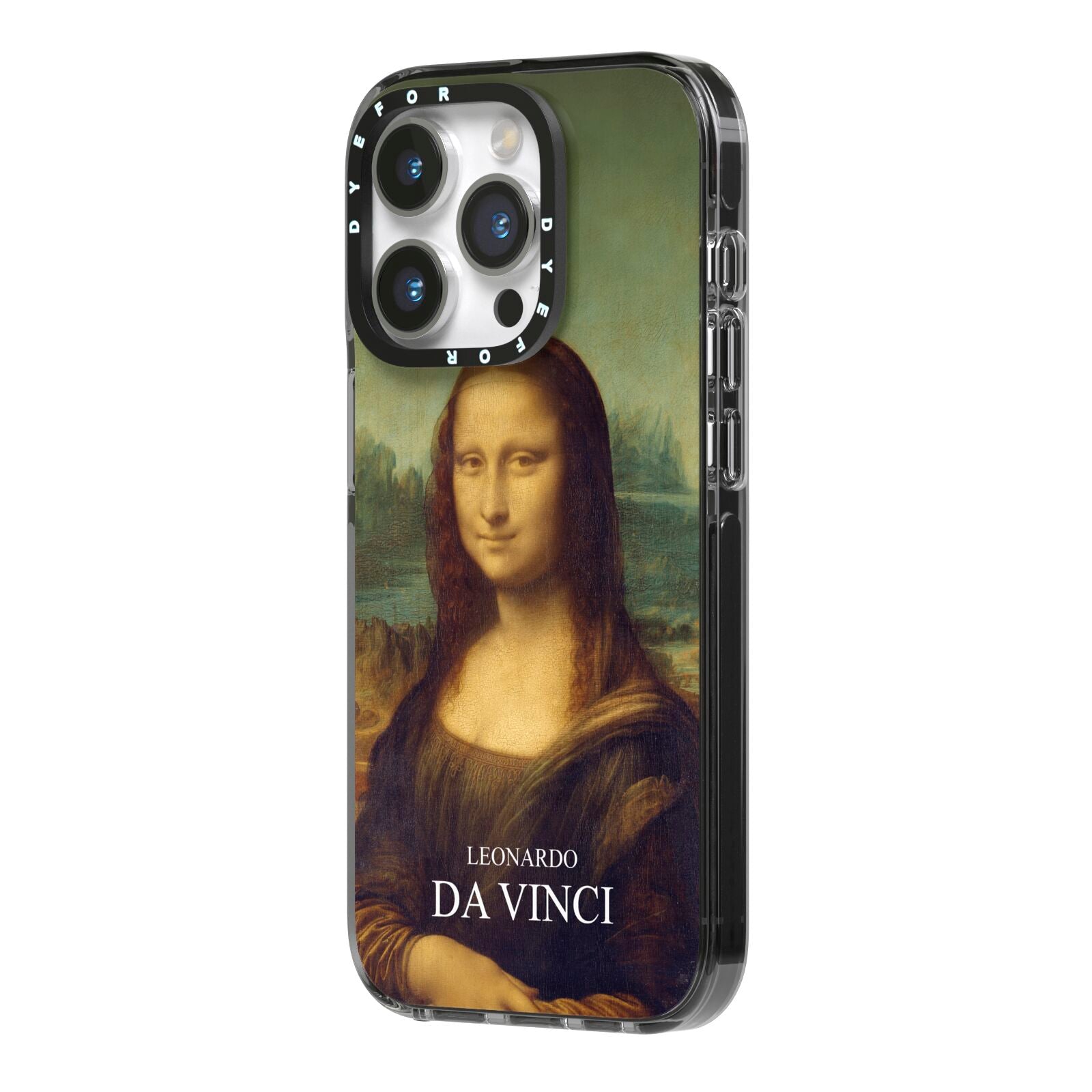 Mona Lisa By Da Vinci iPhone 14 Pro Black Impact Case Side Angle on Silver phone