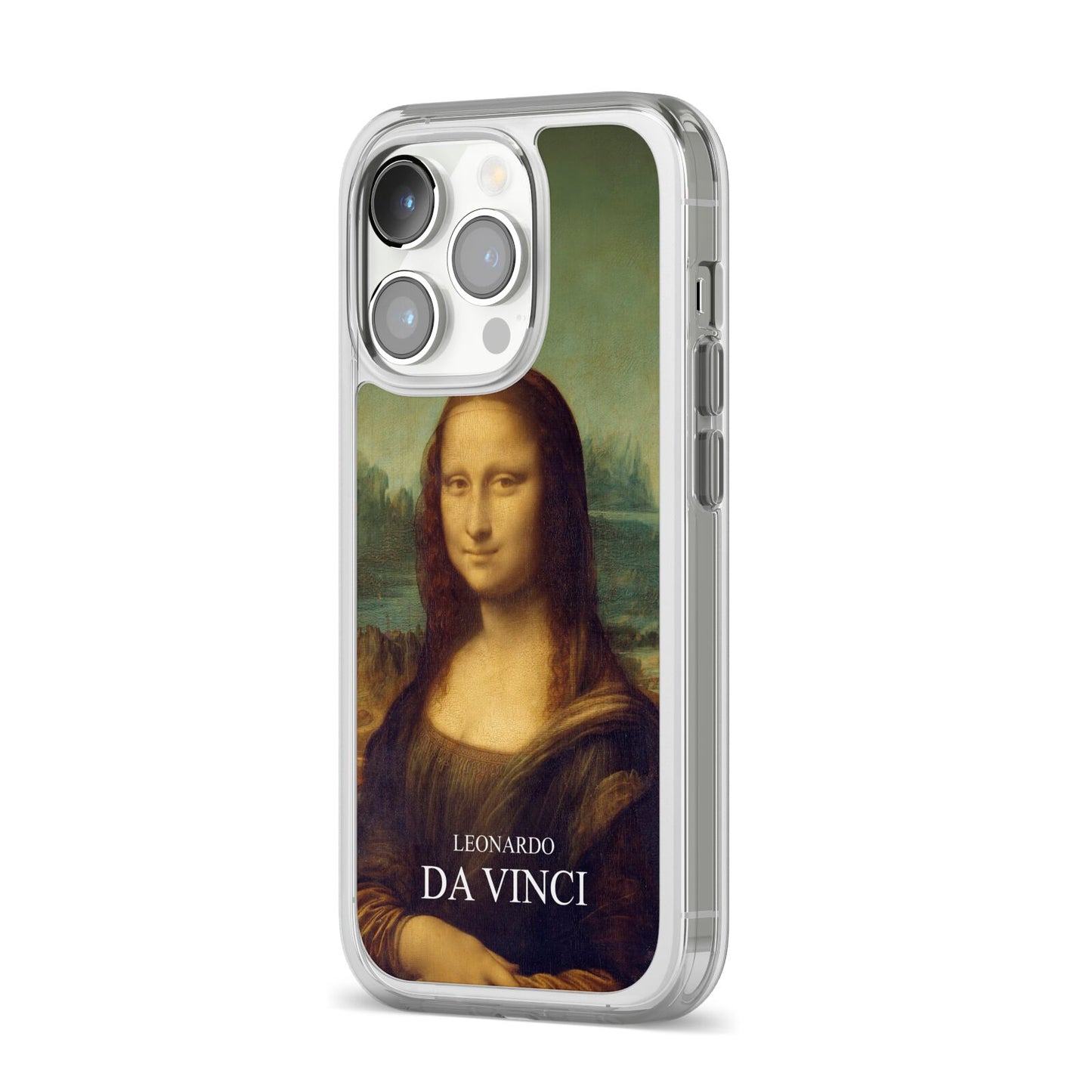 Mona Lisa By Da Vinci iPhone 14 Pro Clear Tough Case Silver Angled Image