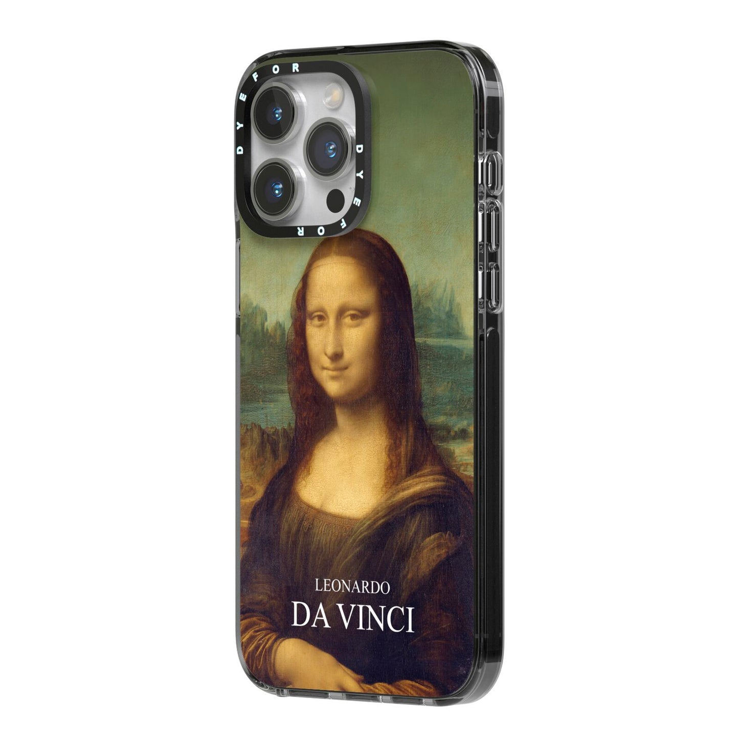 Mona Lisa By Da Vinci iPhone 14 Pro Max Black Impact Case Side Angle on Silver phone