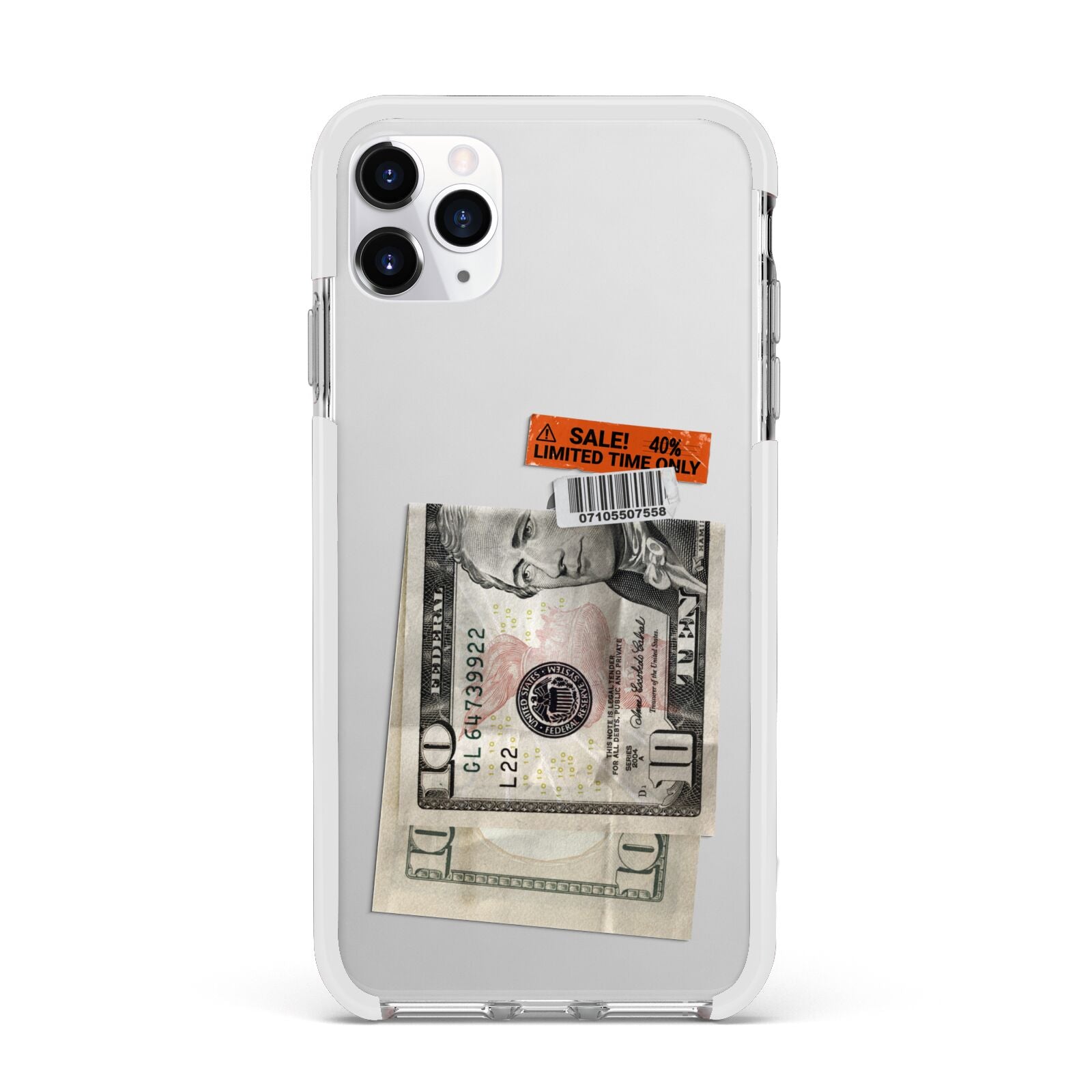 Money and Sale Sticker Apple iPhone 11 Pro Max in Silver with White Impact Case