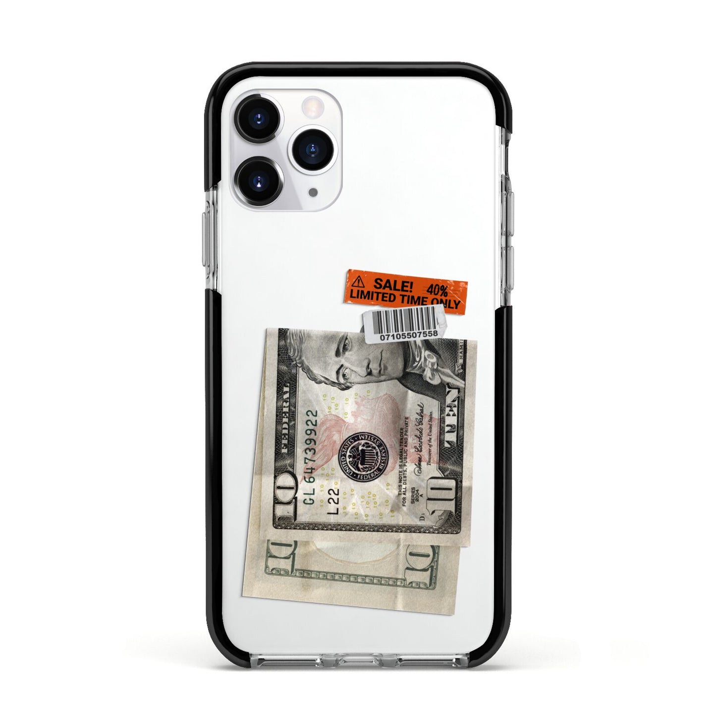 Money and Sale Sticker Apple iPhone 11 Pro in Silver with Black Impact Case