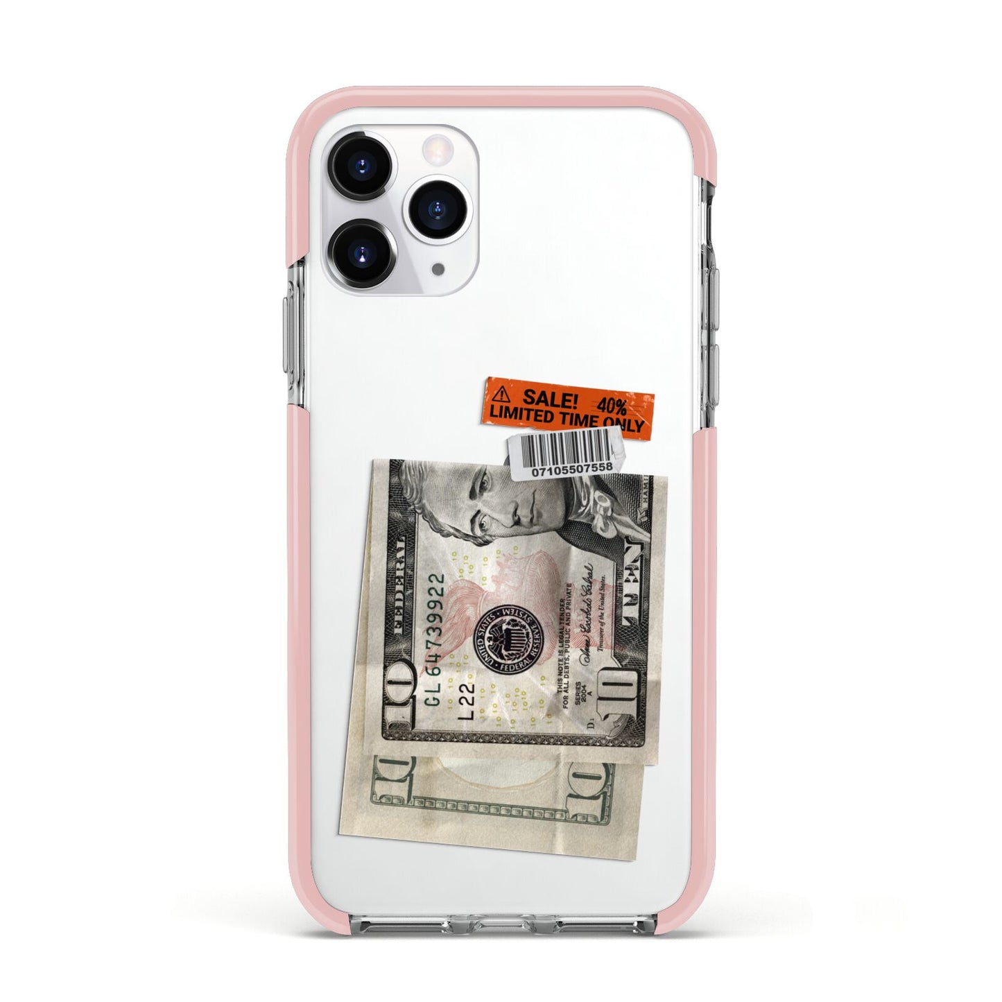 Money and Sale Sticker Apple iPhone 11 Pro in Silver with Pink Impact Case