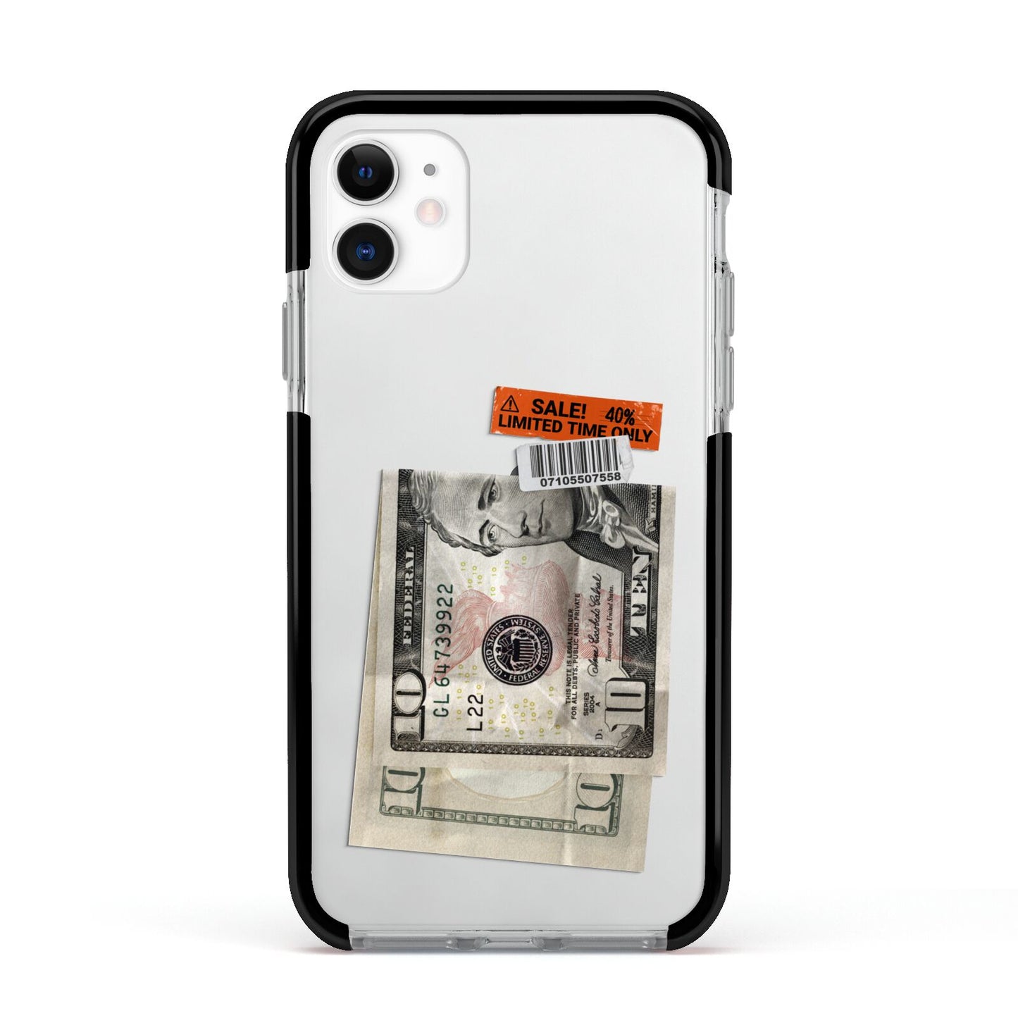 Money and Sale Sticker Apple iPhone 11 in White with Black Impact Case