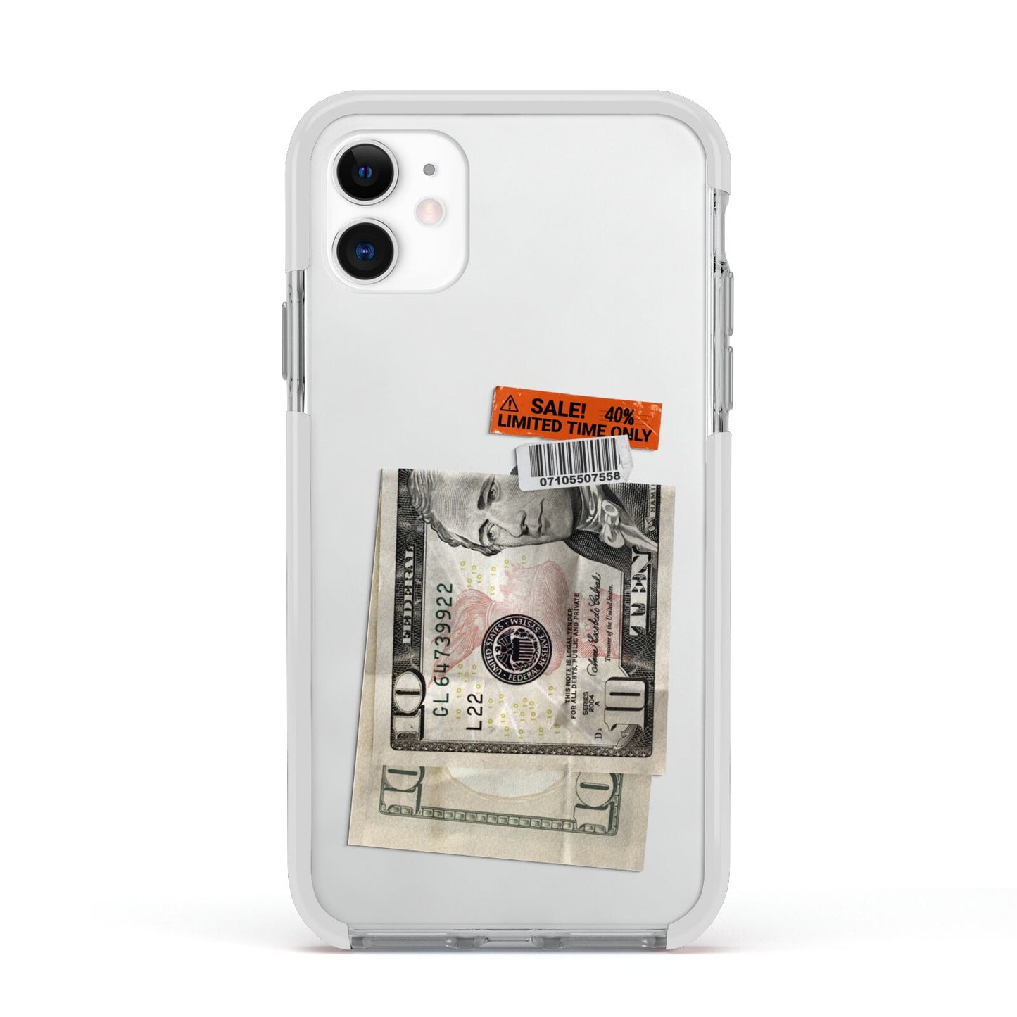 Money and Sale Sticker Apple iPhone 11 in White with White Impact Case