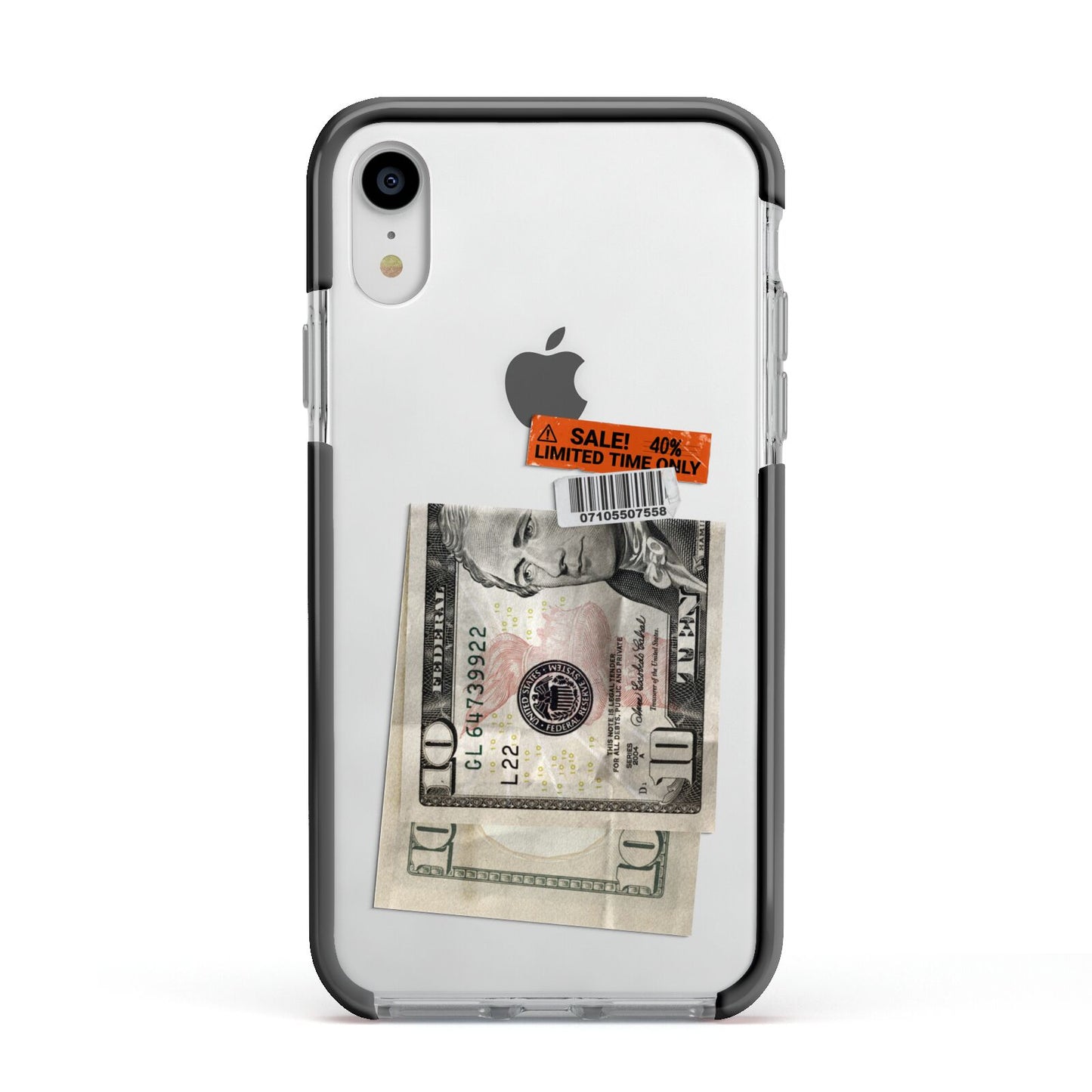 Money and Sale Sticker Apple iPhone XR Impact Case Black Edge on Silver Phone