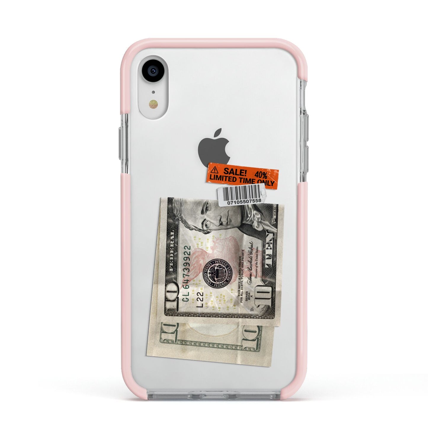 Money and Sale Sticker Apple iPhone XR Impact Case Pink Edge on Silver Phone