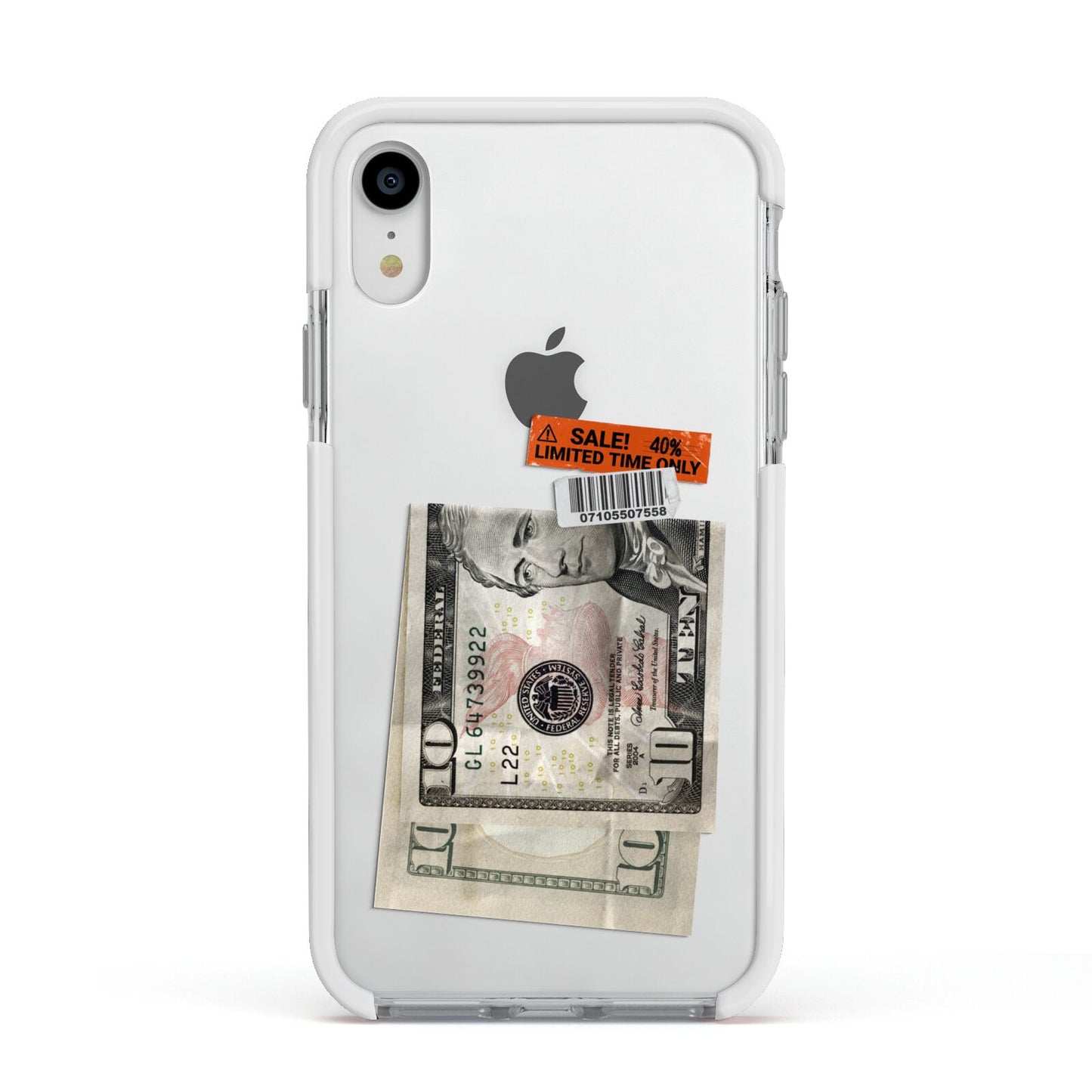 Money and Sale Sticker Apple iPhone XR Impact Case White Edge on Silver Phone