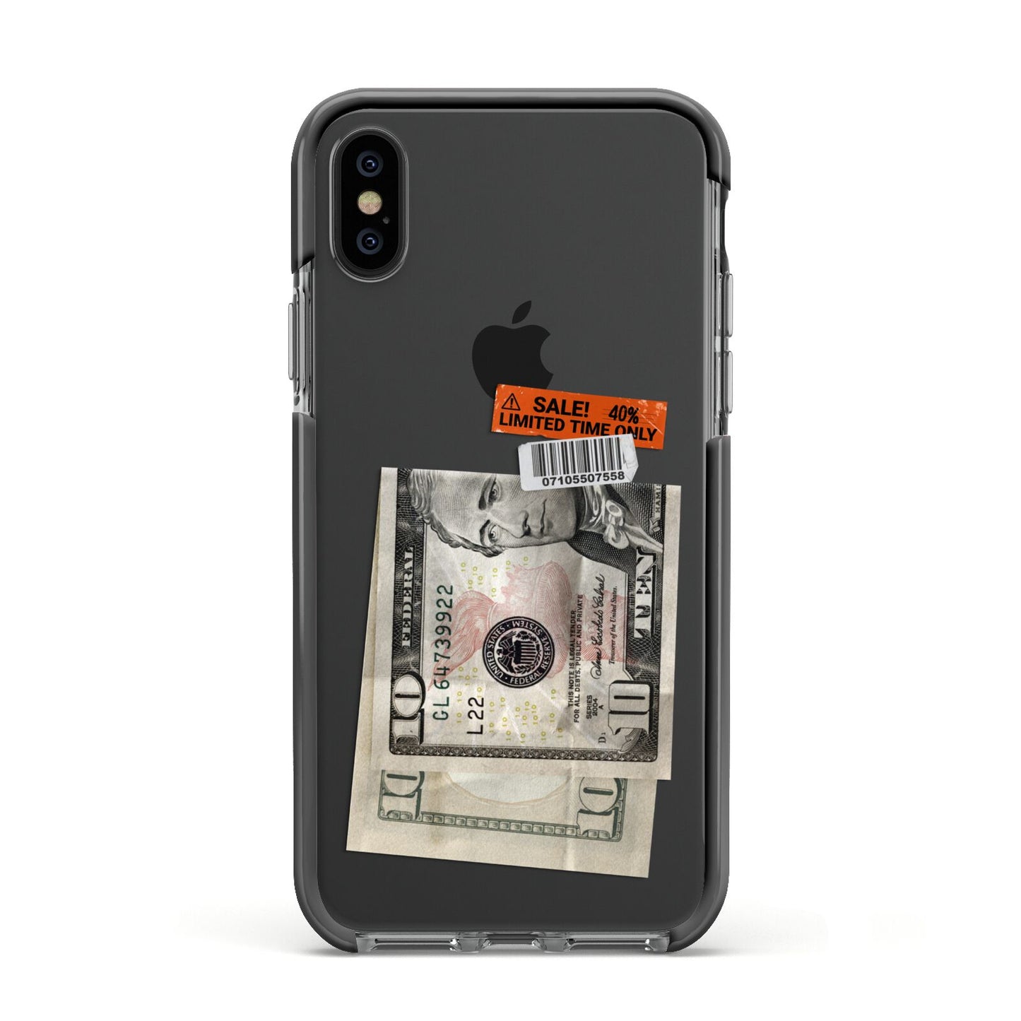 Money and Sale Sticker Apple iPhone Xs Impact Case Black Edge on Black Phone