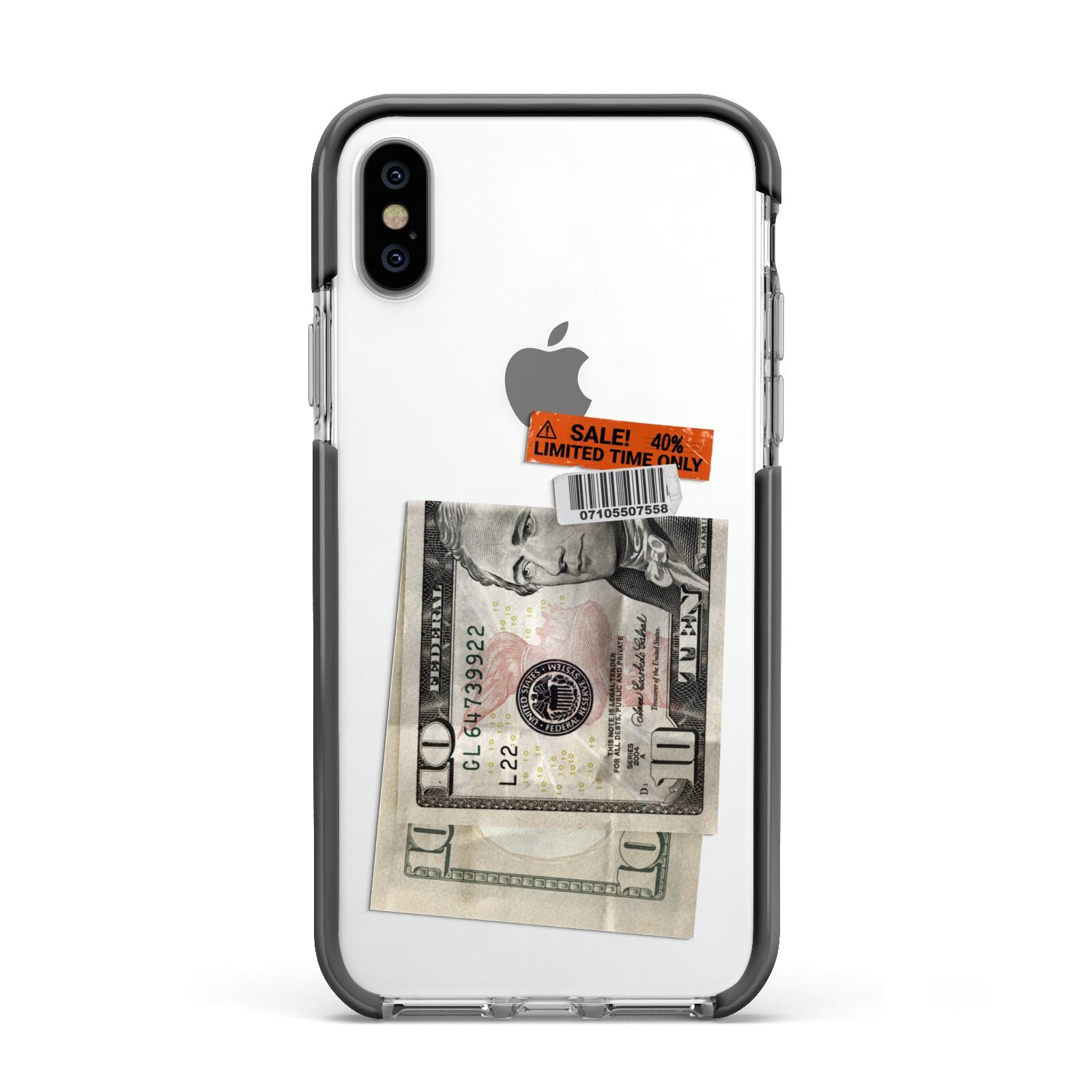 Money and Sale Sticker Apple iPhone Xs Impact Case Black Edge on Silver Phone