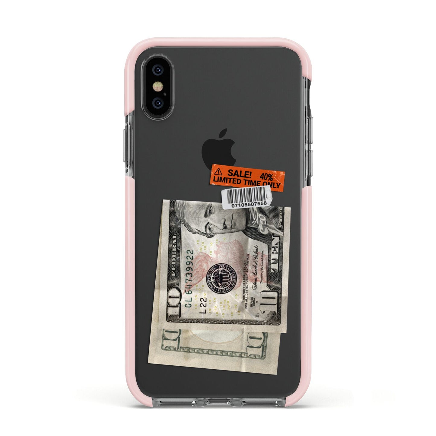 Money and Sale Sticker Apple iPhone Xs Impact Case Pink Edge on Black Phone